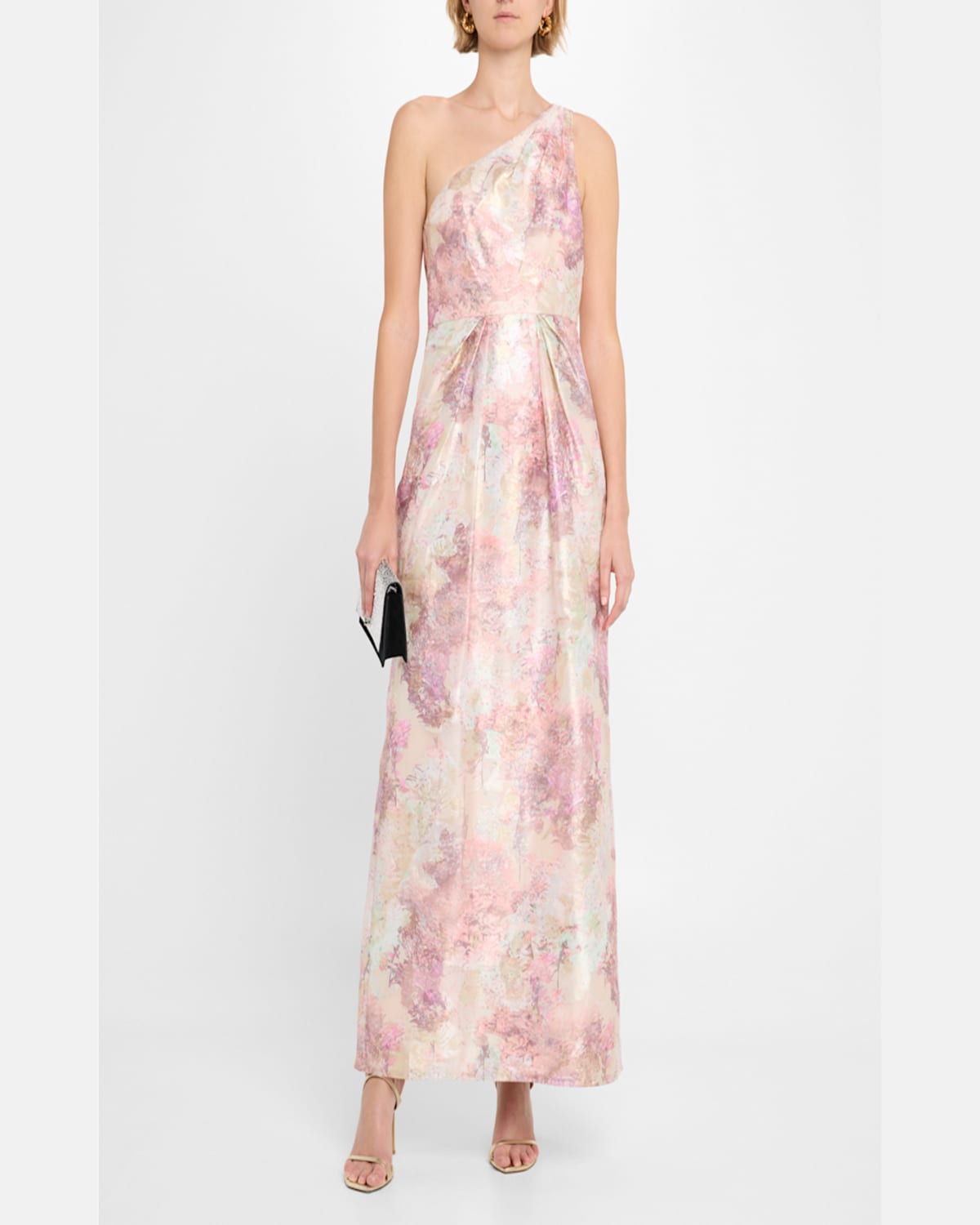 Aidan Mattox Pleated One-shoulder Metallic Jacquard Gown In Pink Multi