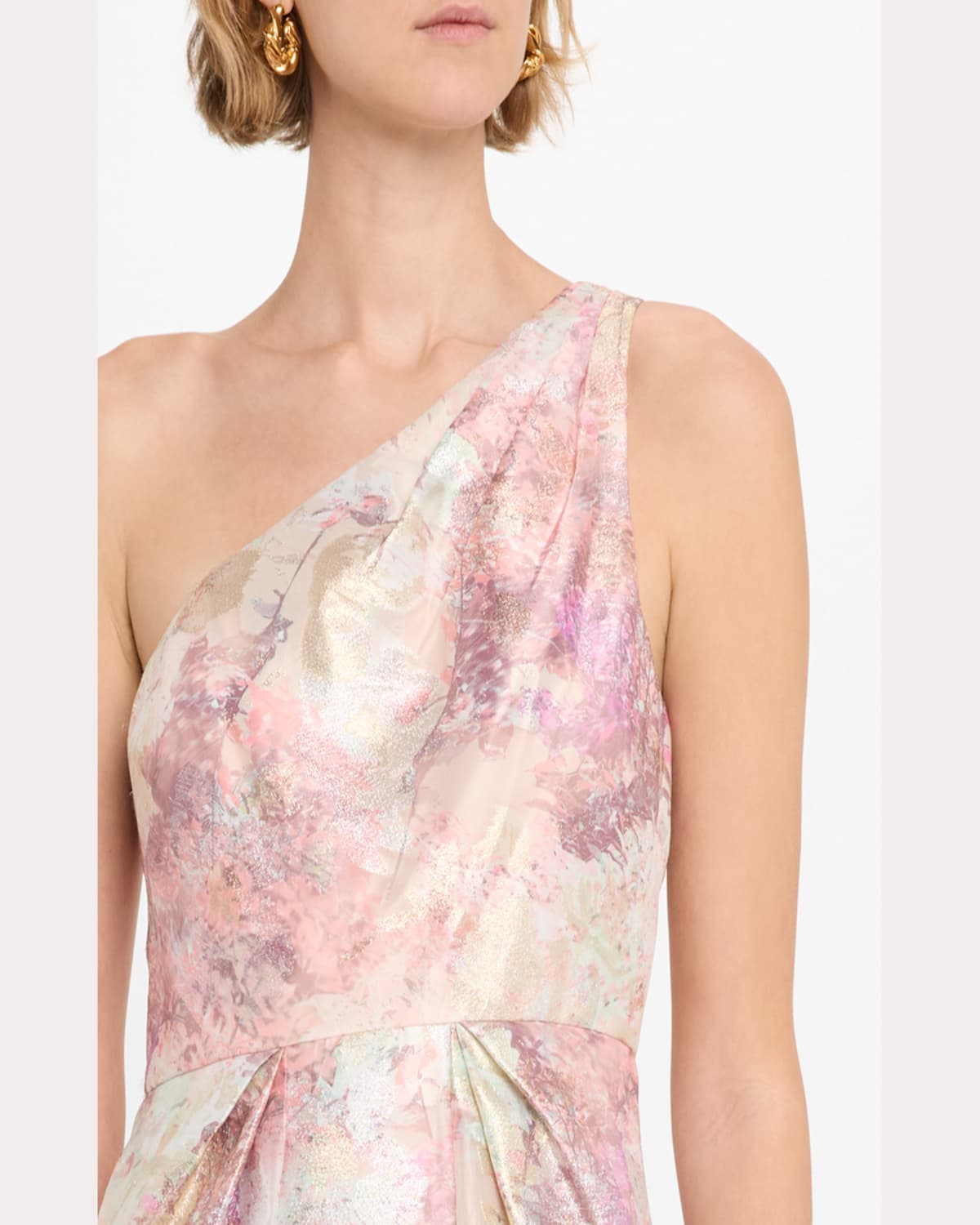 Aidan Mattox Pleated One-shoulder Metallic Jacquard Gown In Pink Multi