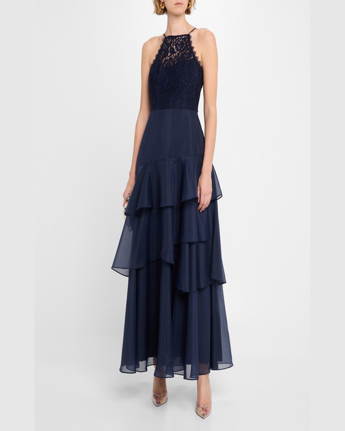 Aidan Mattox Lace Organza Tiered Gown In Navy