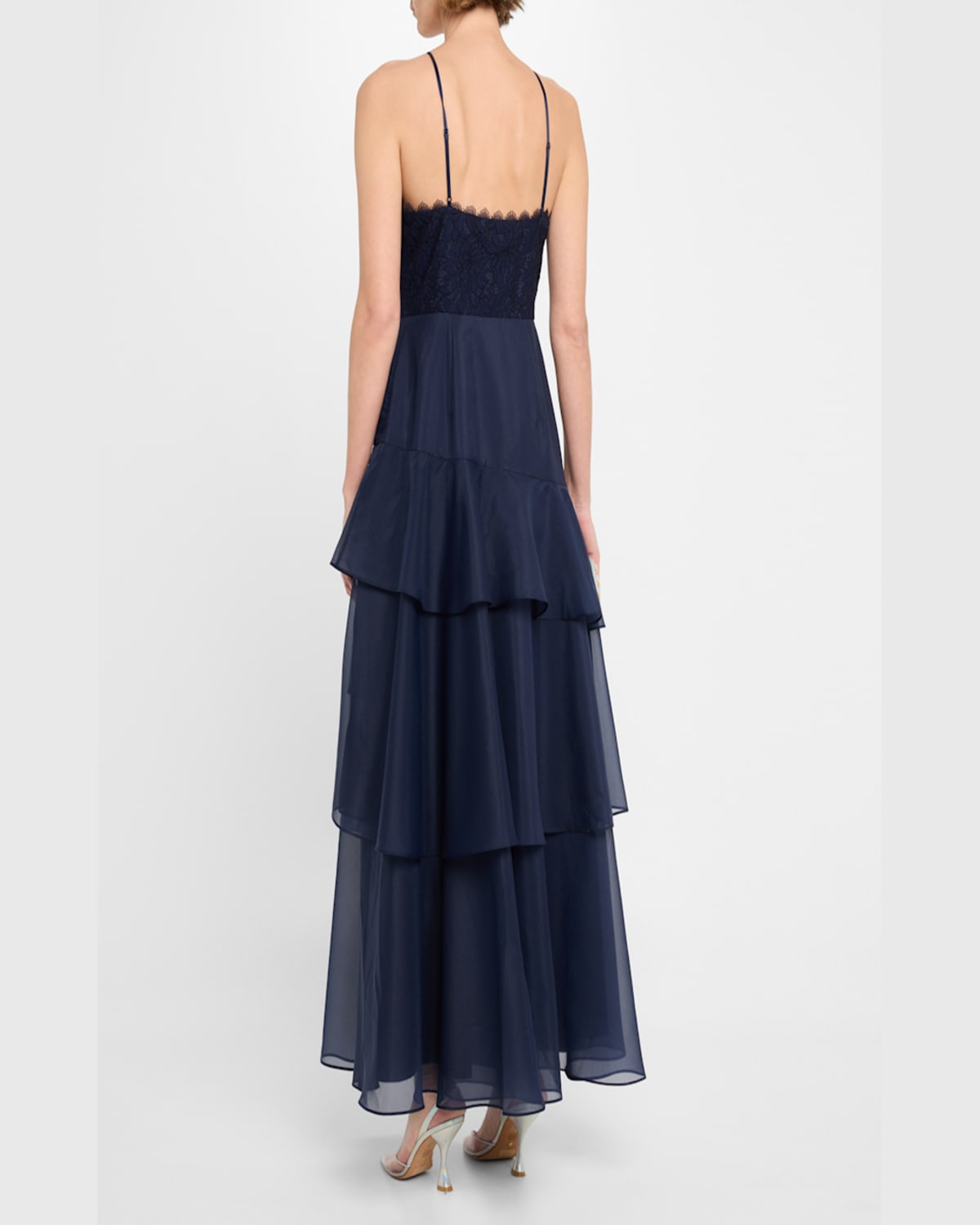 Aidan Mattox Lace Organza Tiered Gown In Navy