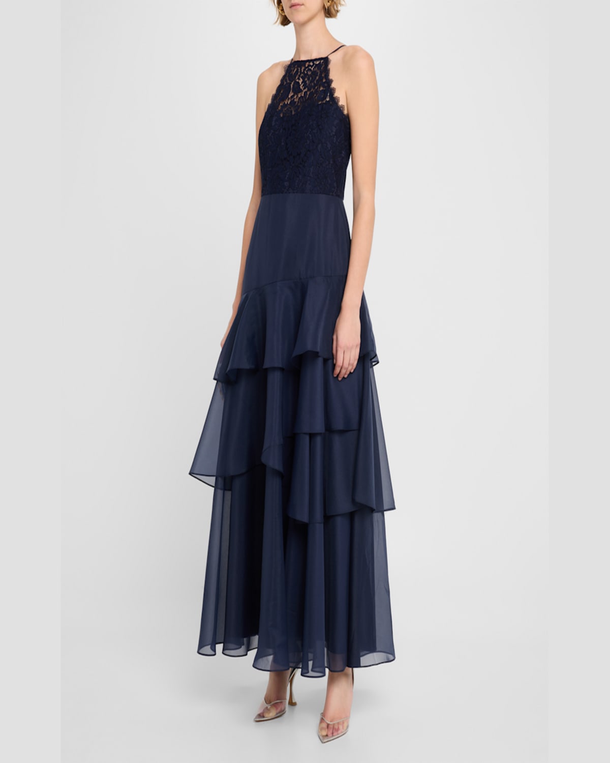 Aidan Mattox Lace Organza Tiered Gown In Navy