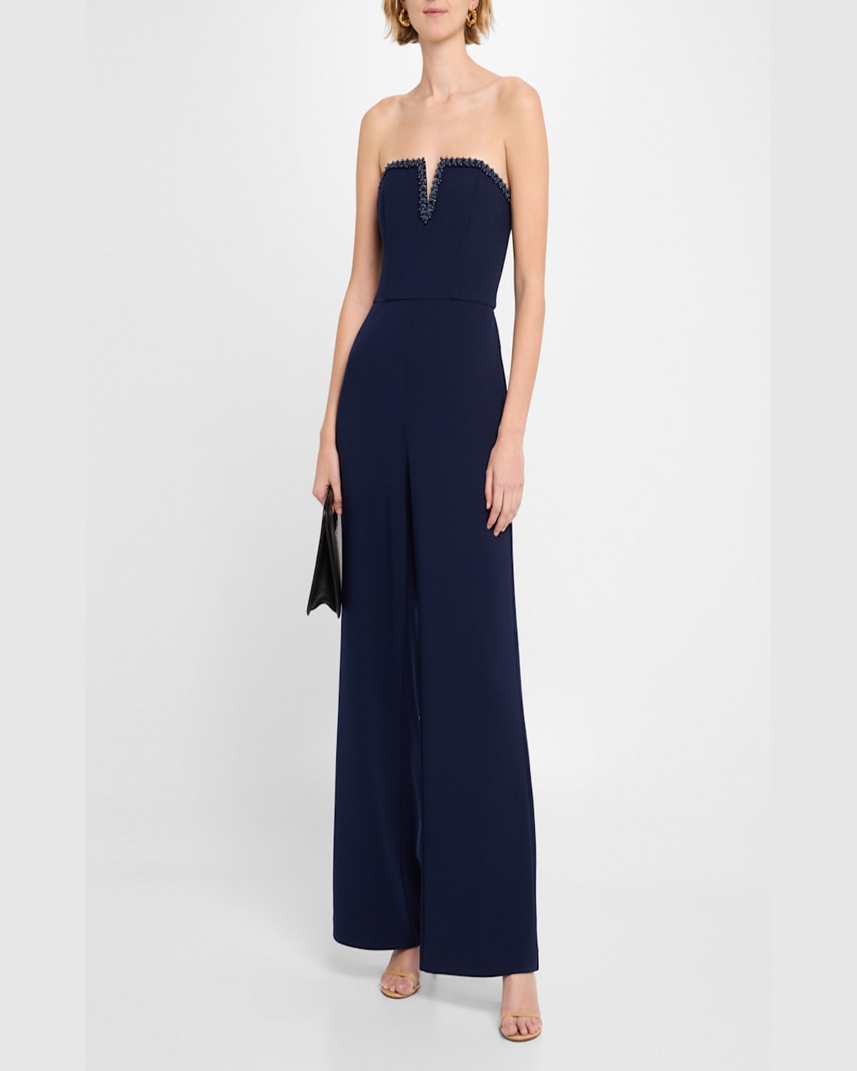 Aidan Mattox Strapless Bead-trim Crepe Jumpsuit In Navy