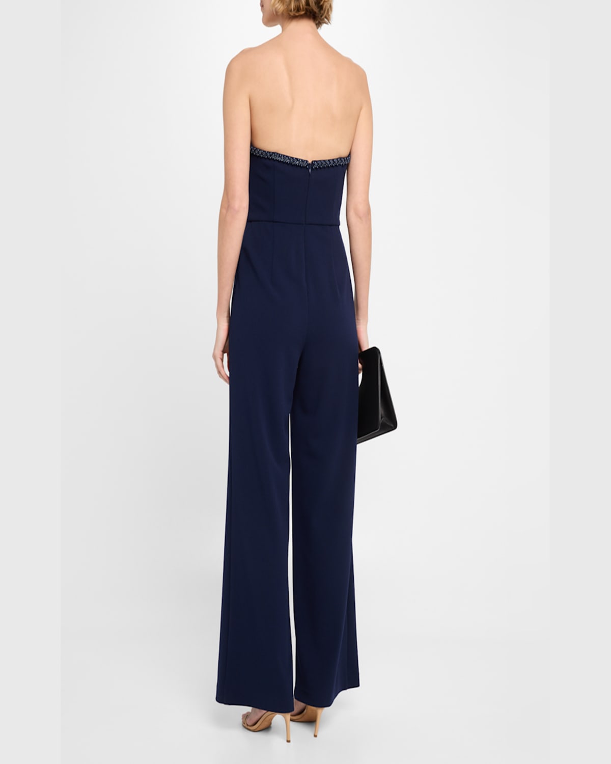 Aidan Mattox Strapless Bead-trim Crepe Jumpsuit In Navy