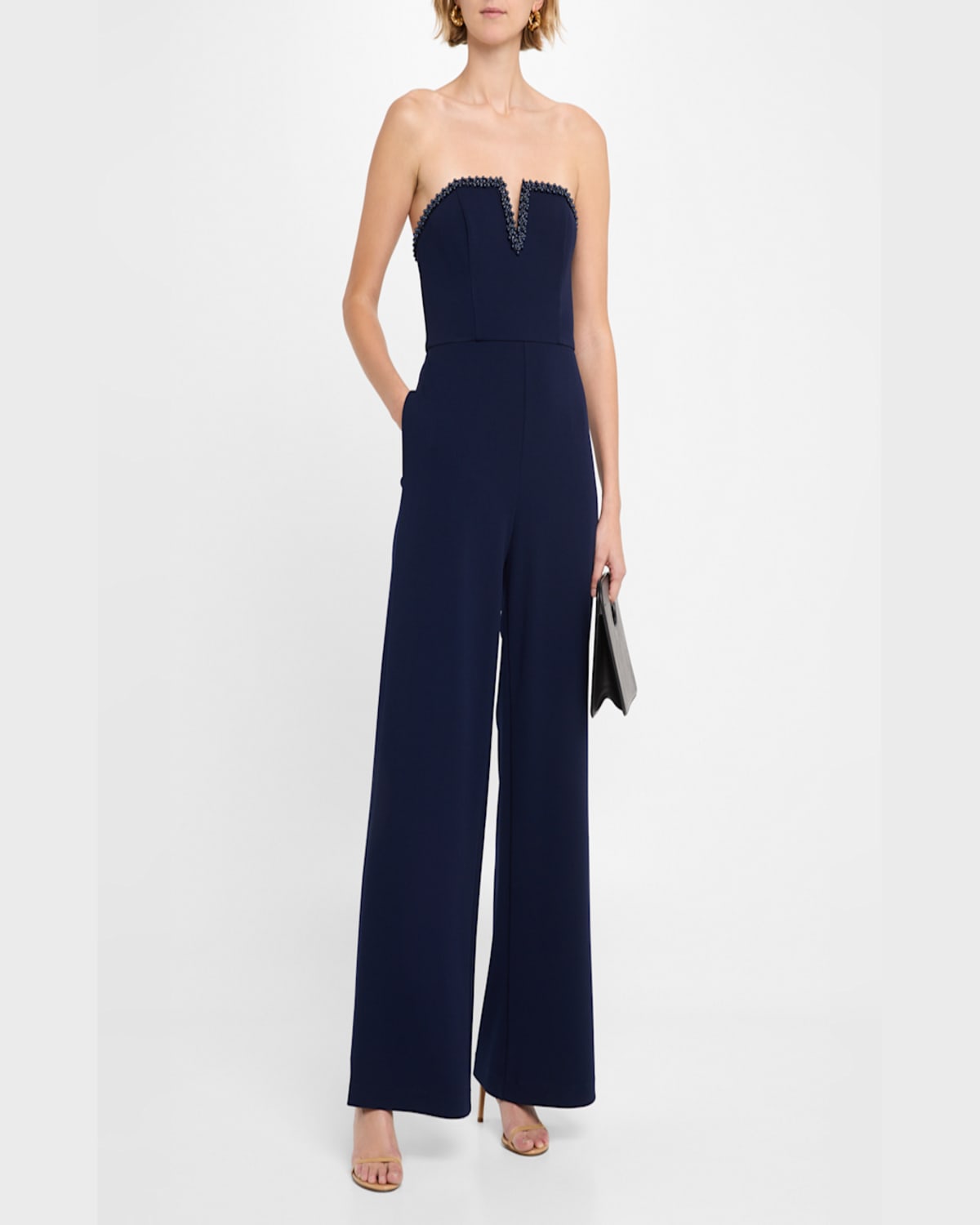 Aidan Mattox Strapless Bead-trim Crepe Jumpsuit In Navy