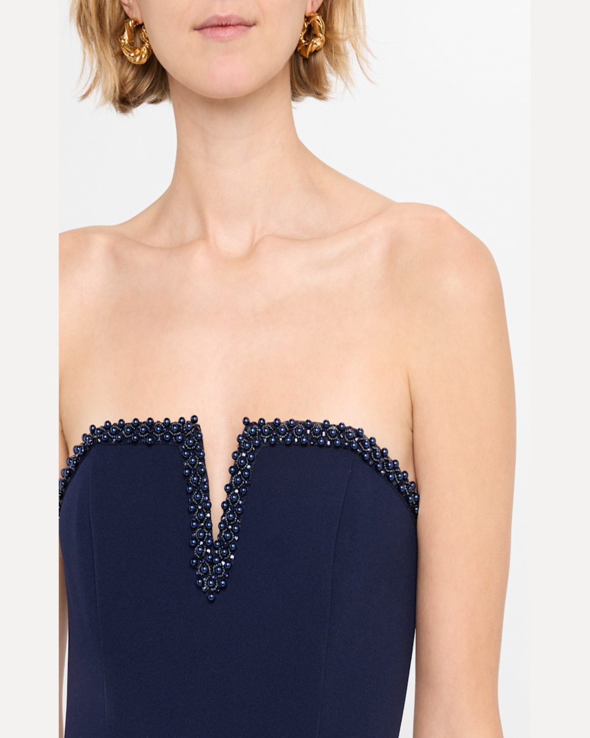 Aidan Mattox Strapless Bead-trim Crepe Jumpsuit In Navy