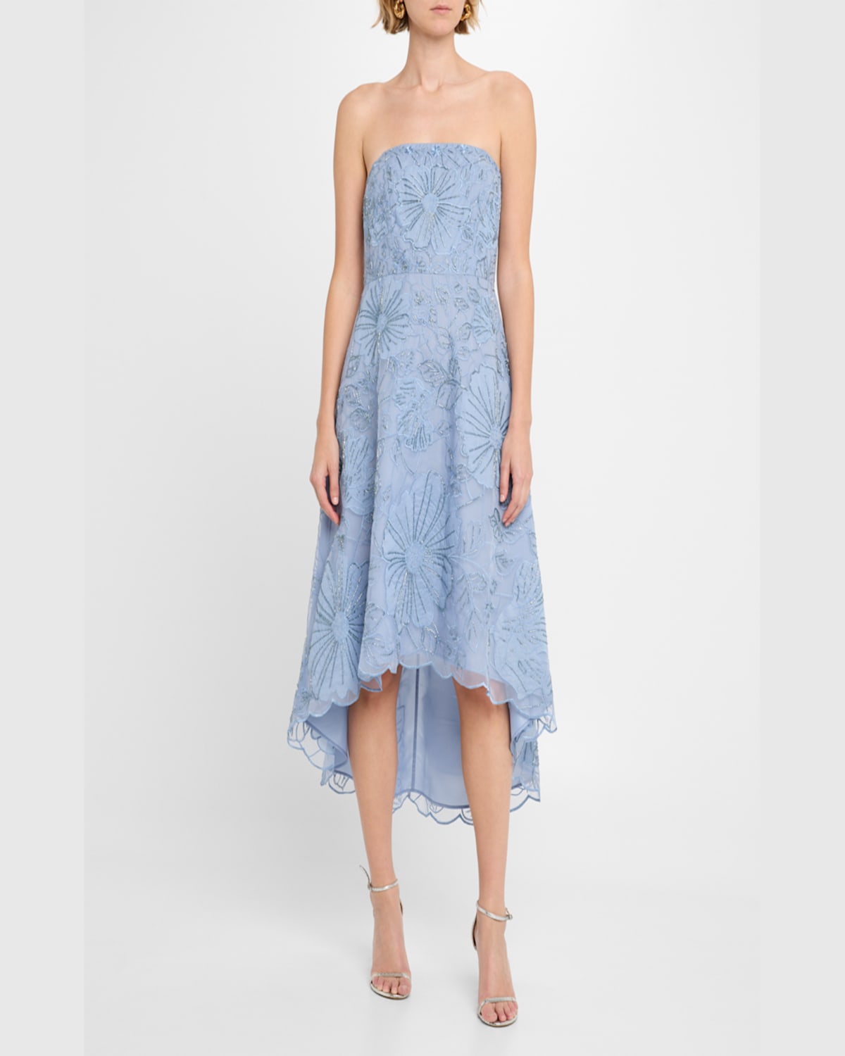 Aidan Mattox Strapless Embroidered High-low Midi Dress In Blue