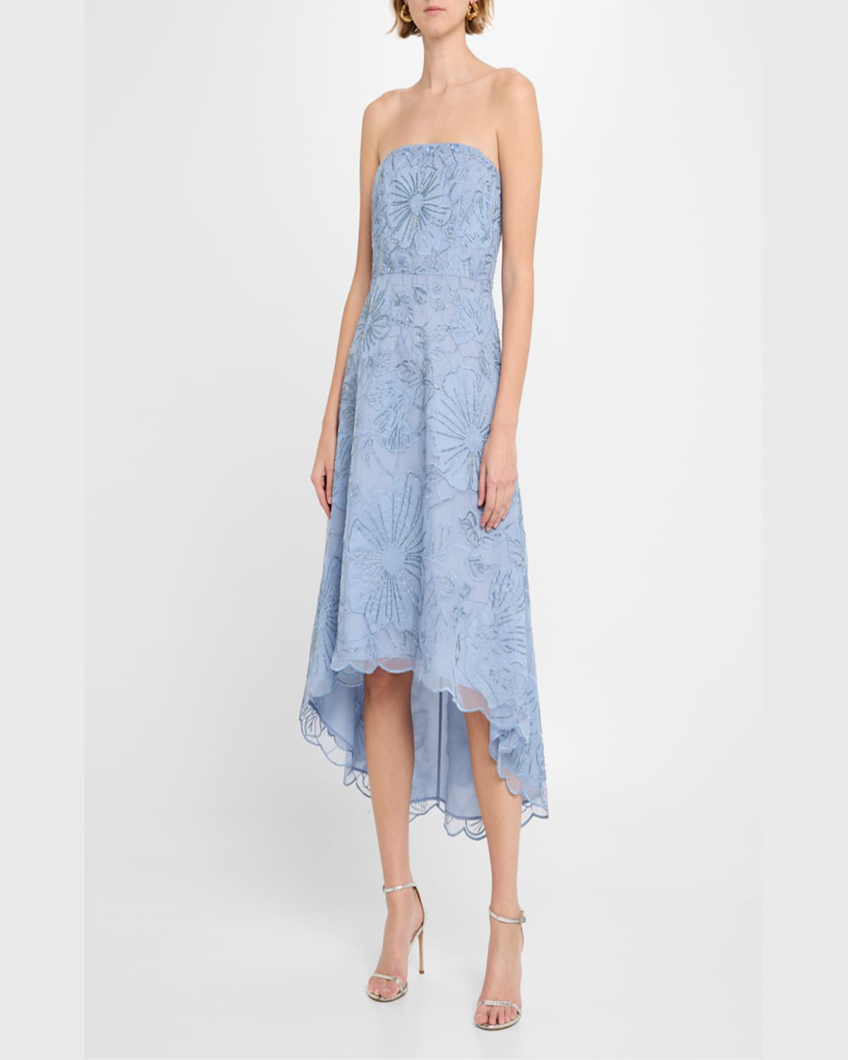 Aidan Mattox Strapless Embroidered High-low Midi Dress In Blue