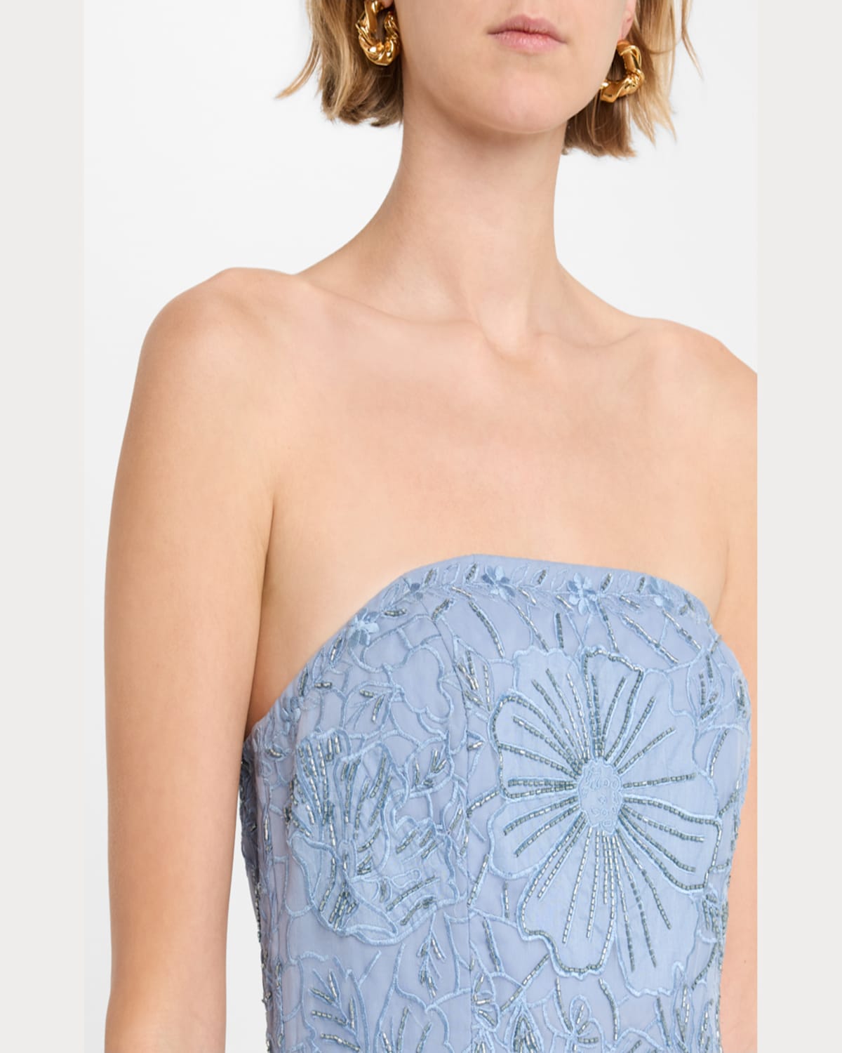 Aidan Mattox Strapless Embroidered High-low Midi Dress In Blue