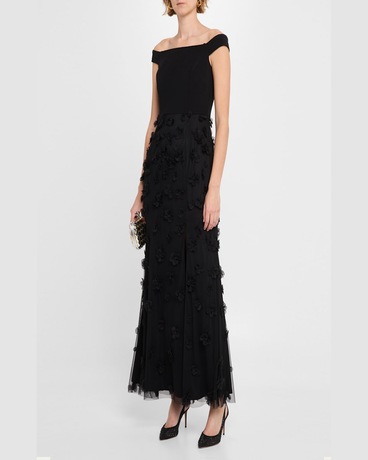 Aidan Mattox Beaded Floral Applique Off-shoulder Gown In Black