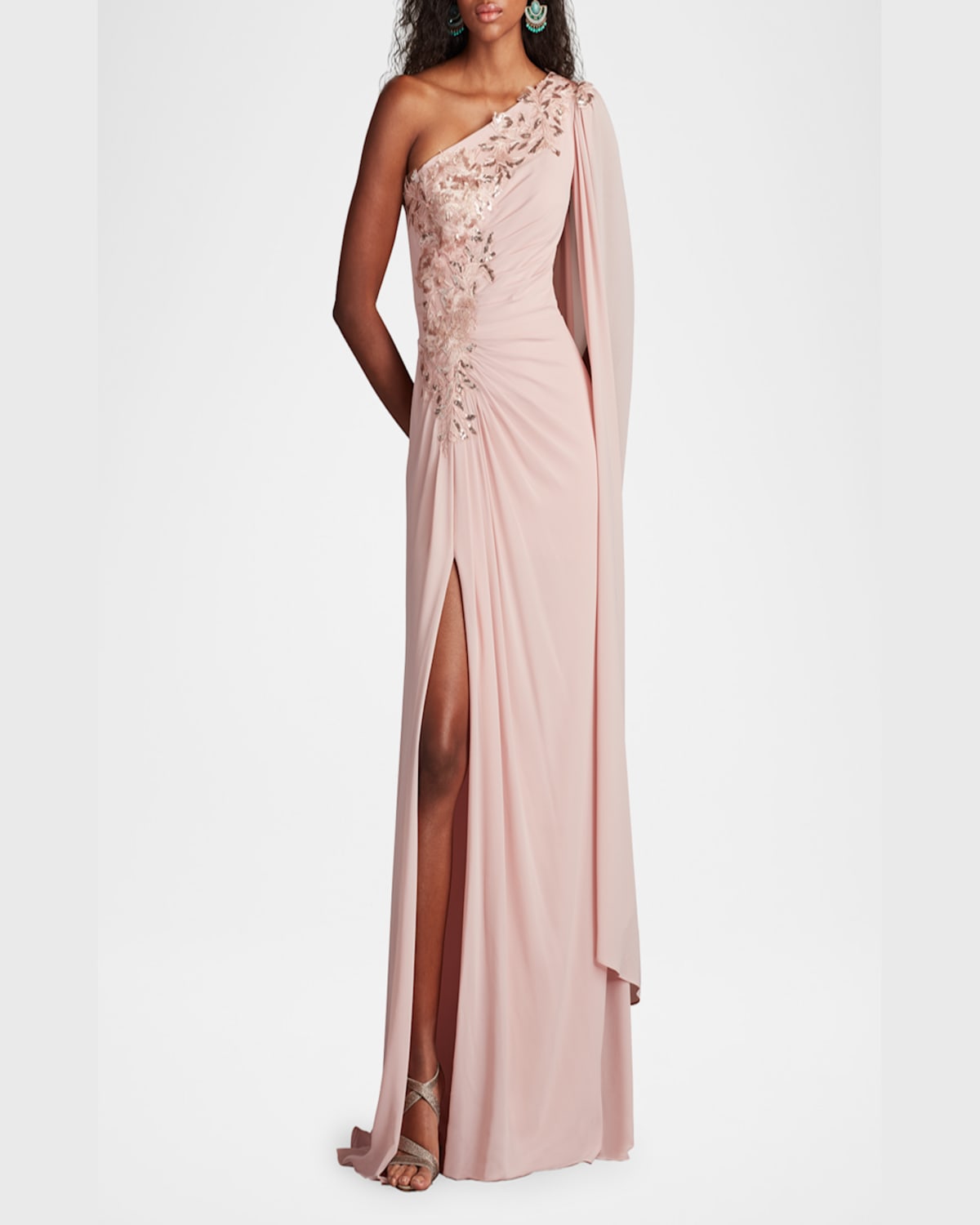 Tadashi Shoji Sequin Leaf Detail One-shoulder Chiffon Gown In Adobe Blush