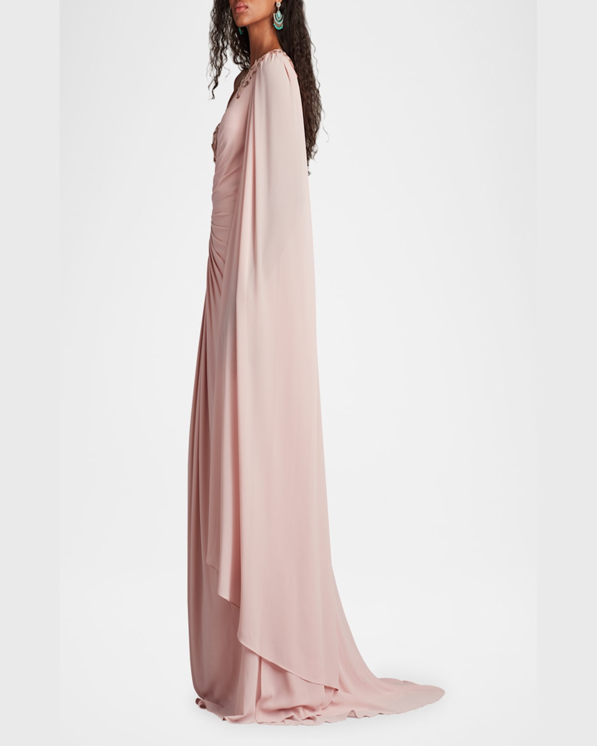 Tadashi Shoji Sequin Leaf Detail One-shoulder Chiffon Gown In Adobe Blush