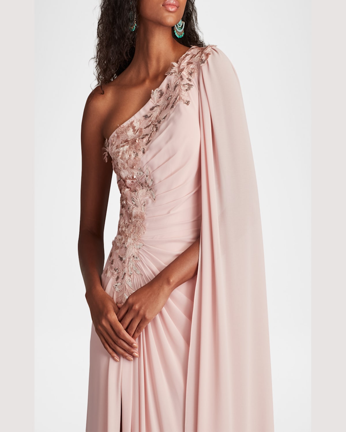 Tadashi Shoji Sequin Leaf Detail One-shoulder Chiffon Gown In Adobe Blush