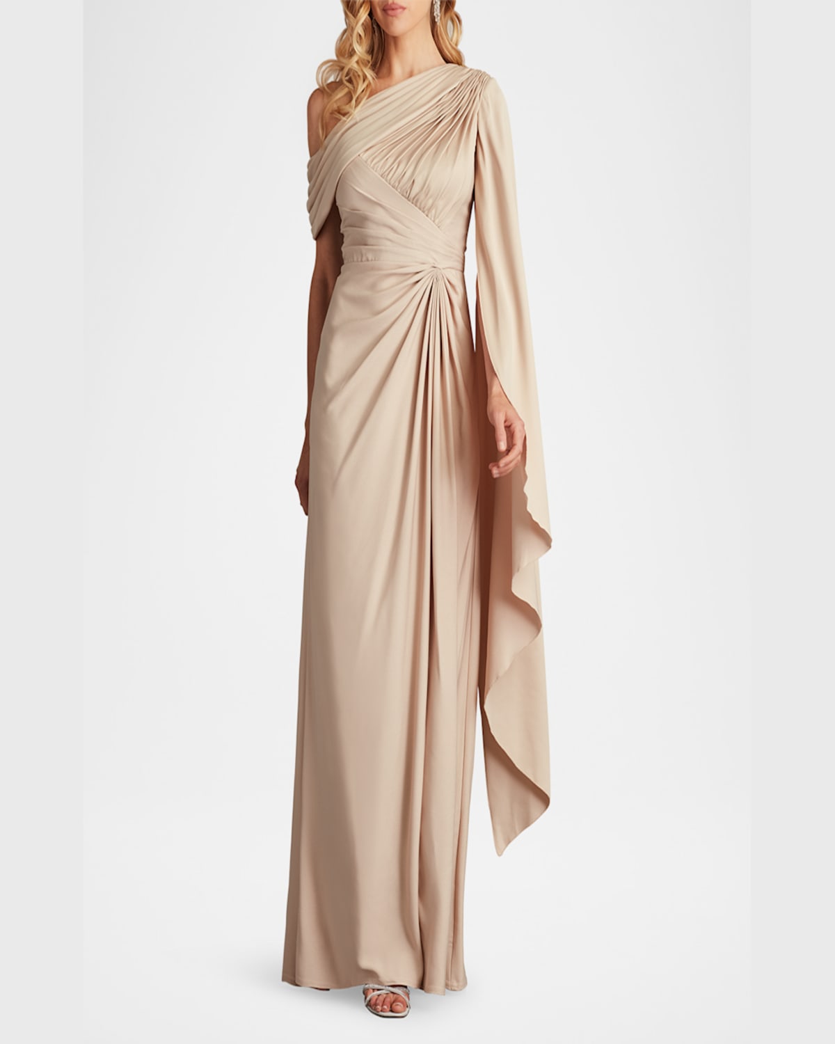 Tadashi Shoji Pleated One-shoulder Cape Gown In Champagne