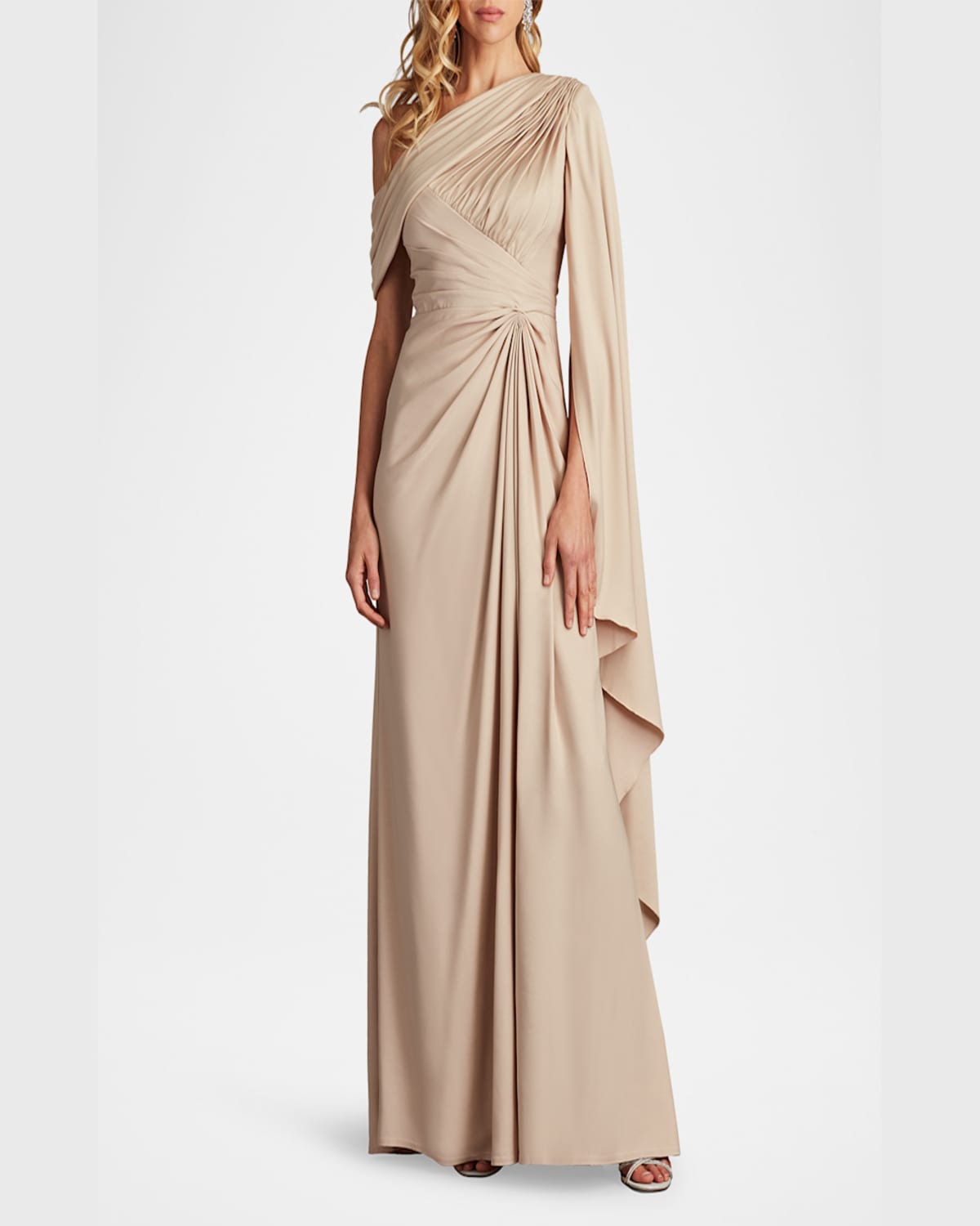 Tadashi Shoji Pleated One-shoulder Cape Gown In Champagne