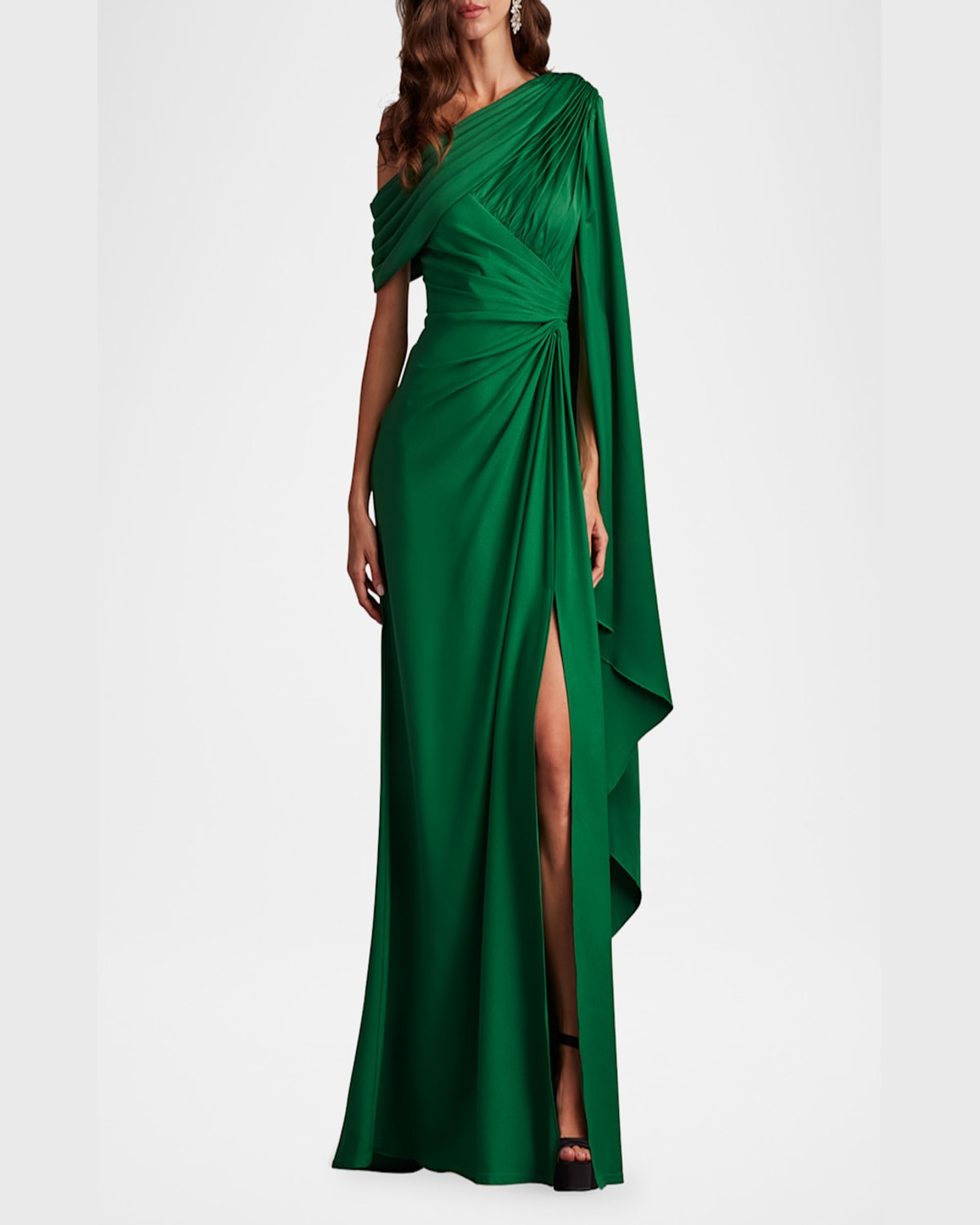 Tadashi Shoji Pleated One-shoulder Cape Gown In Champagne