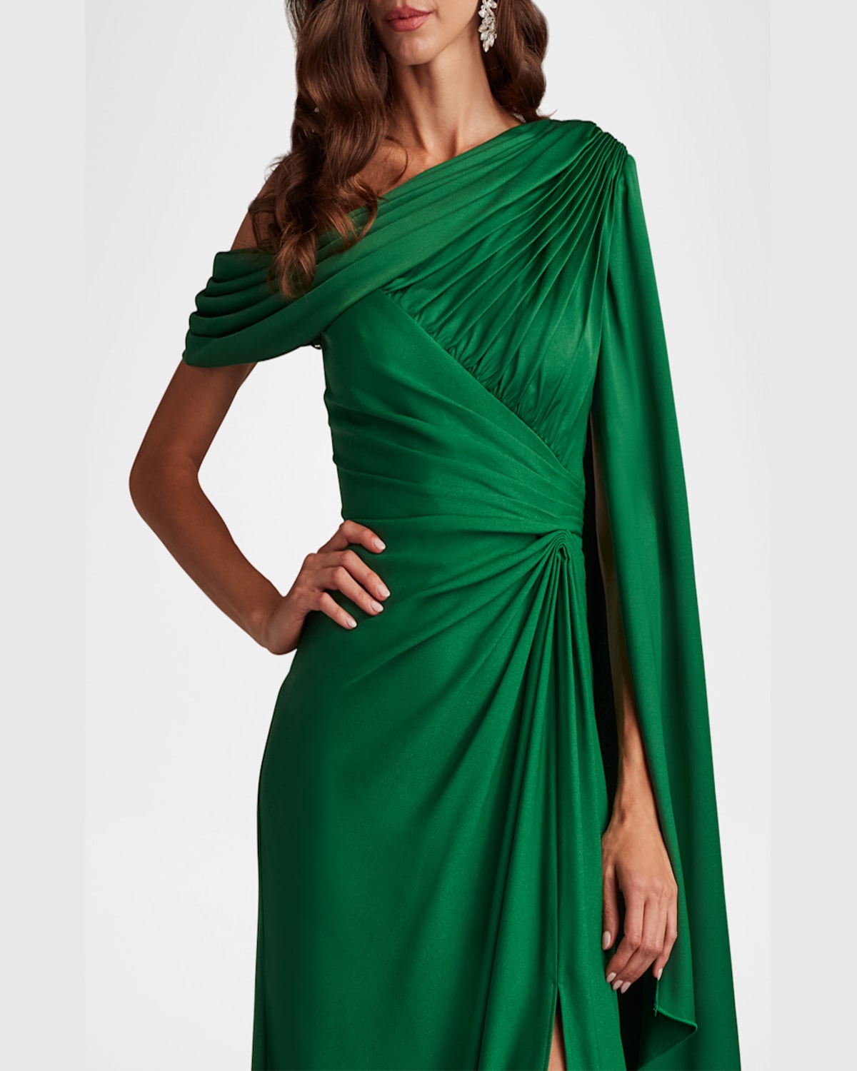 Tadashi Shoji Pleated One-shoulder Cape Gown In Champagne