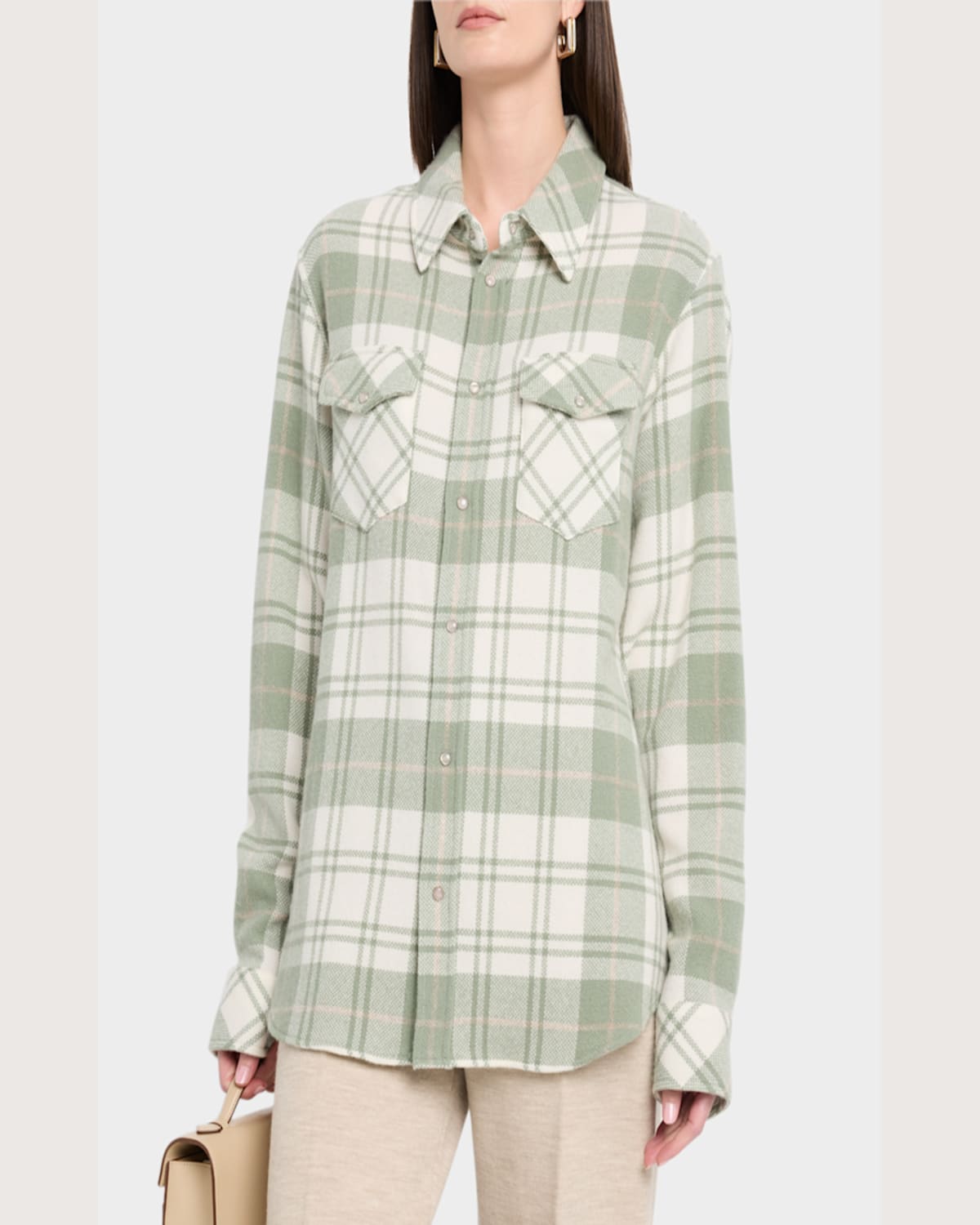 God's True Cashmere Sage Tartan Cashmere Flannel Shirt