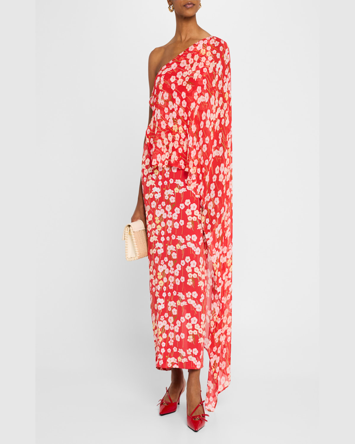 Bernadette Nick Floral One-shoulder Poncho Ankle Dress In Buttercups Red