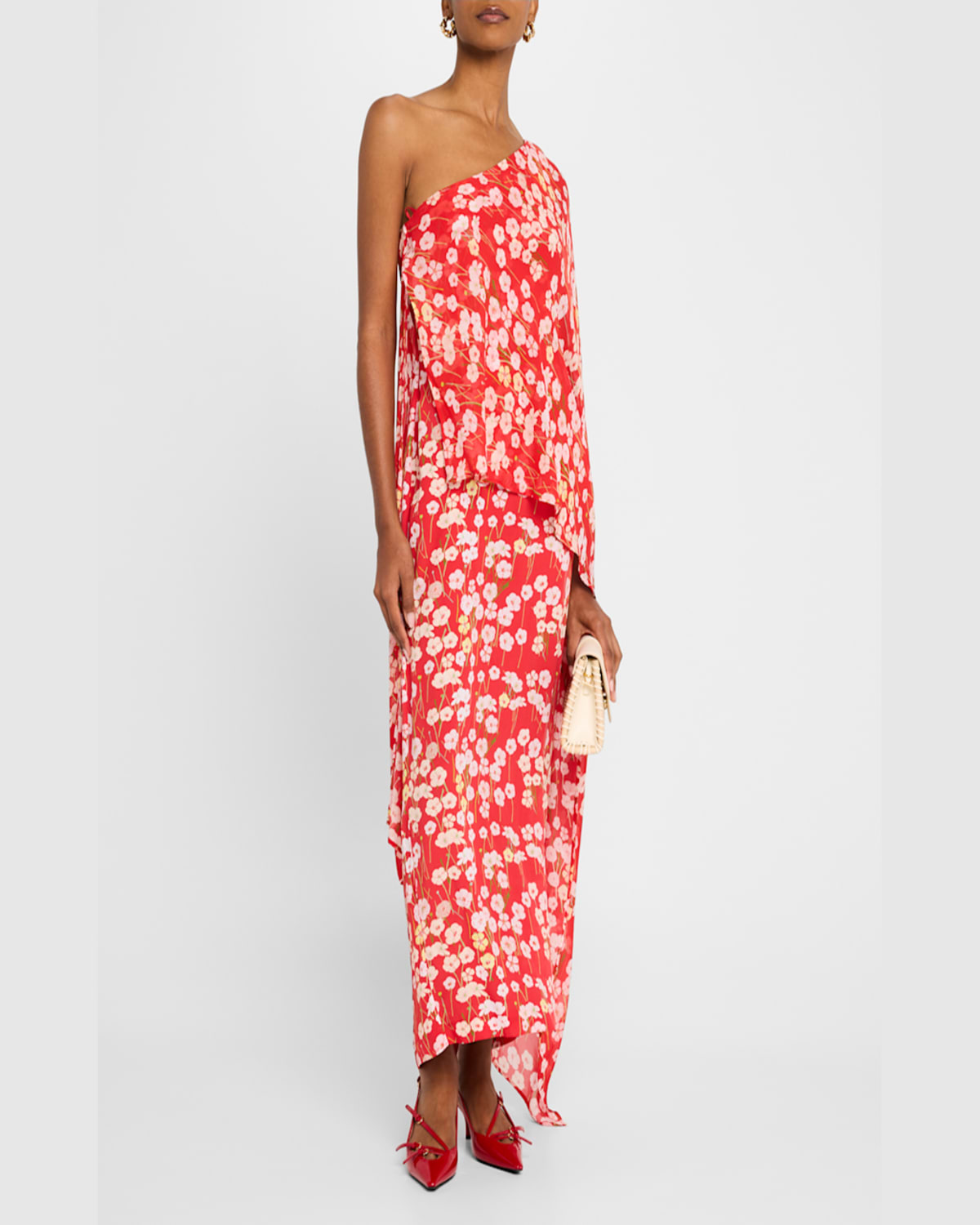 Bernadette Nick Floral One-shoulder Poncho Ankle Dress In Buttercups Red