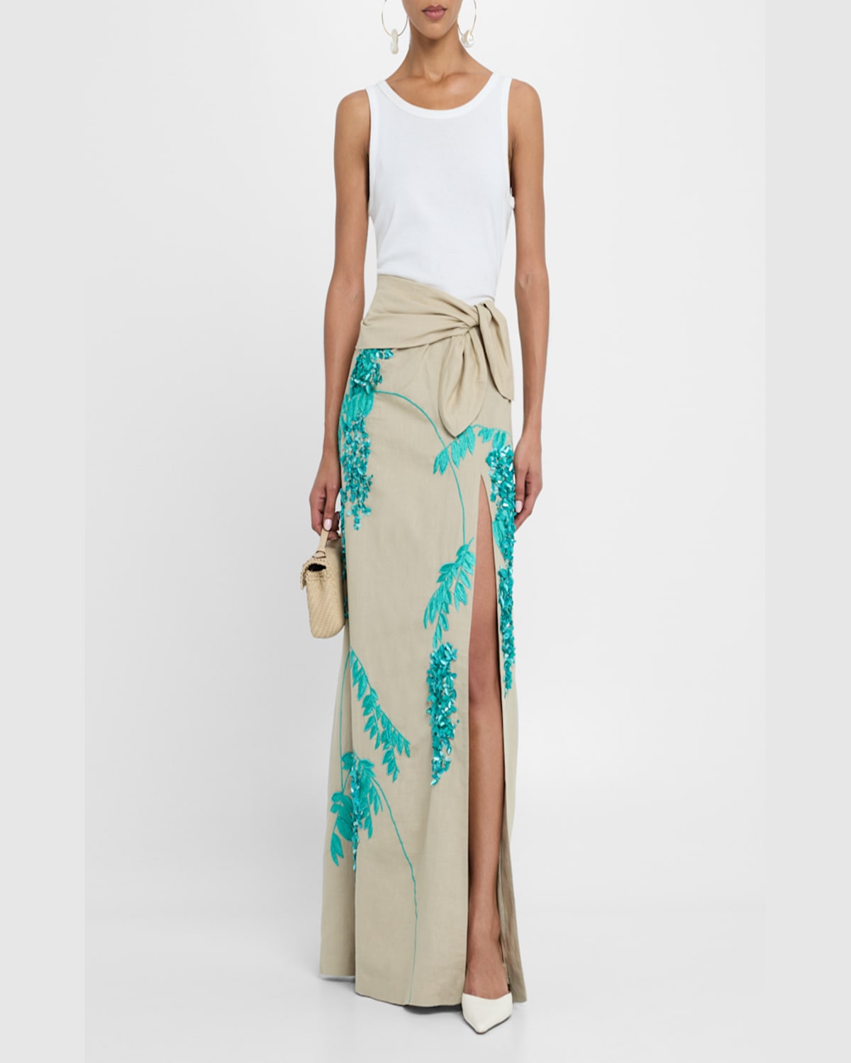Bernadette Floral Sequin Embroidered Linen Slit Maxi Skirt