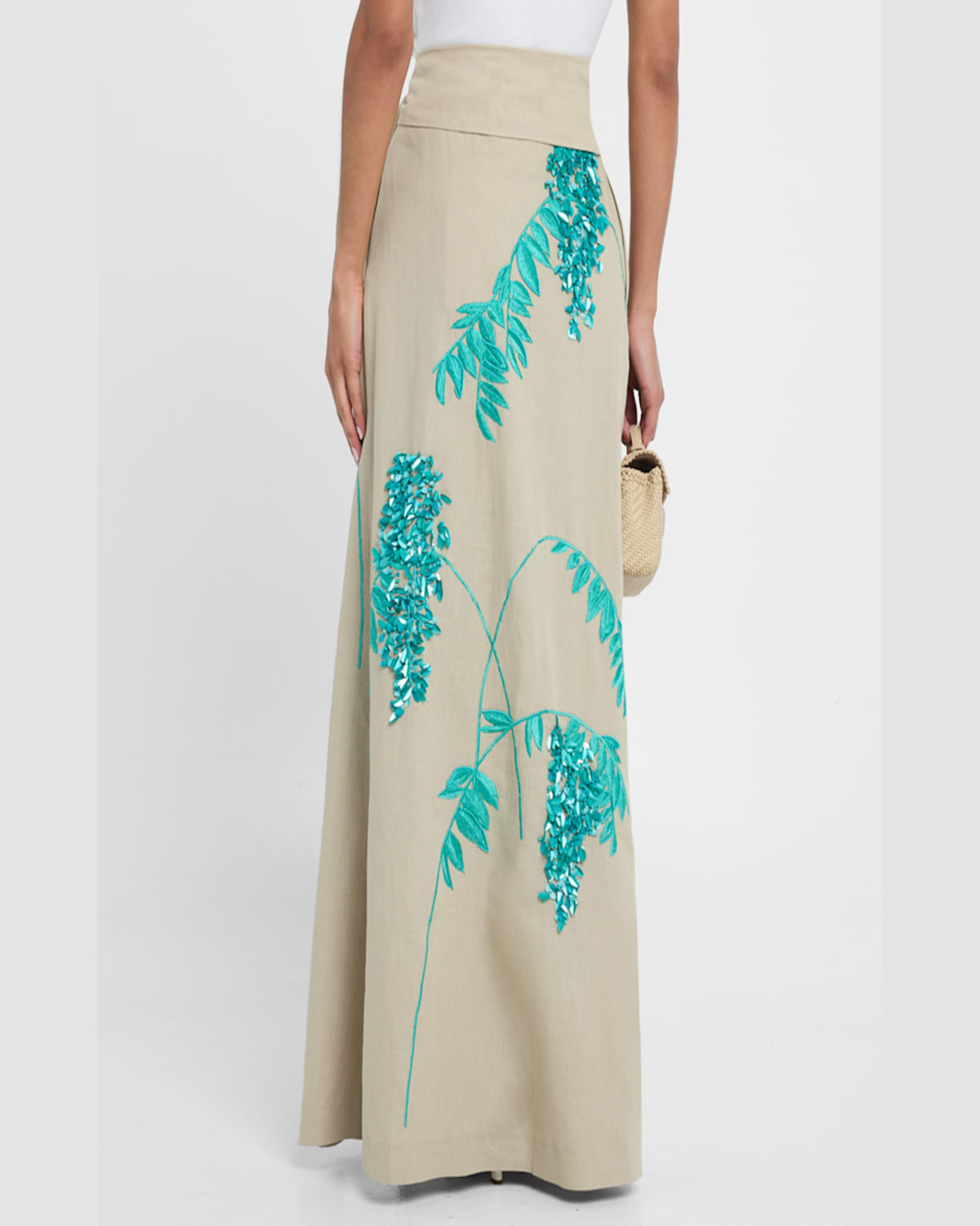 Bernadette Floral Sequin Embroidered Linen Slit Maxi Skirt