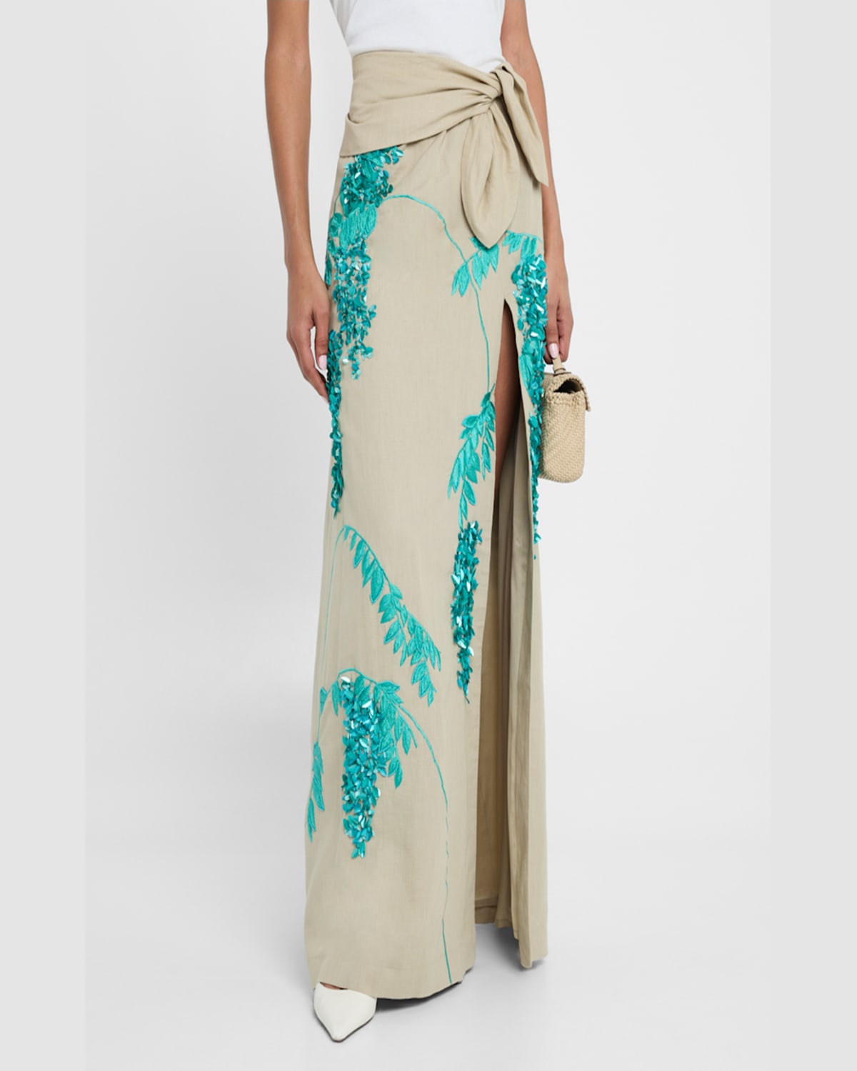 Bernadette Floral Sequin Embroidered Linen Slit Maxi Skirt