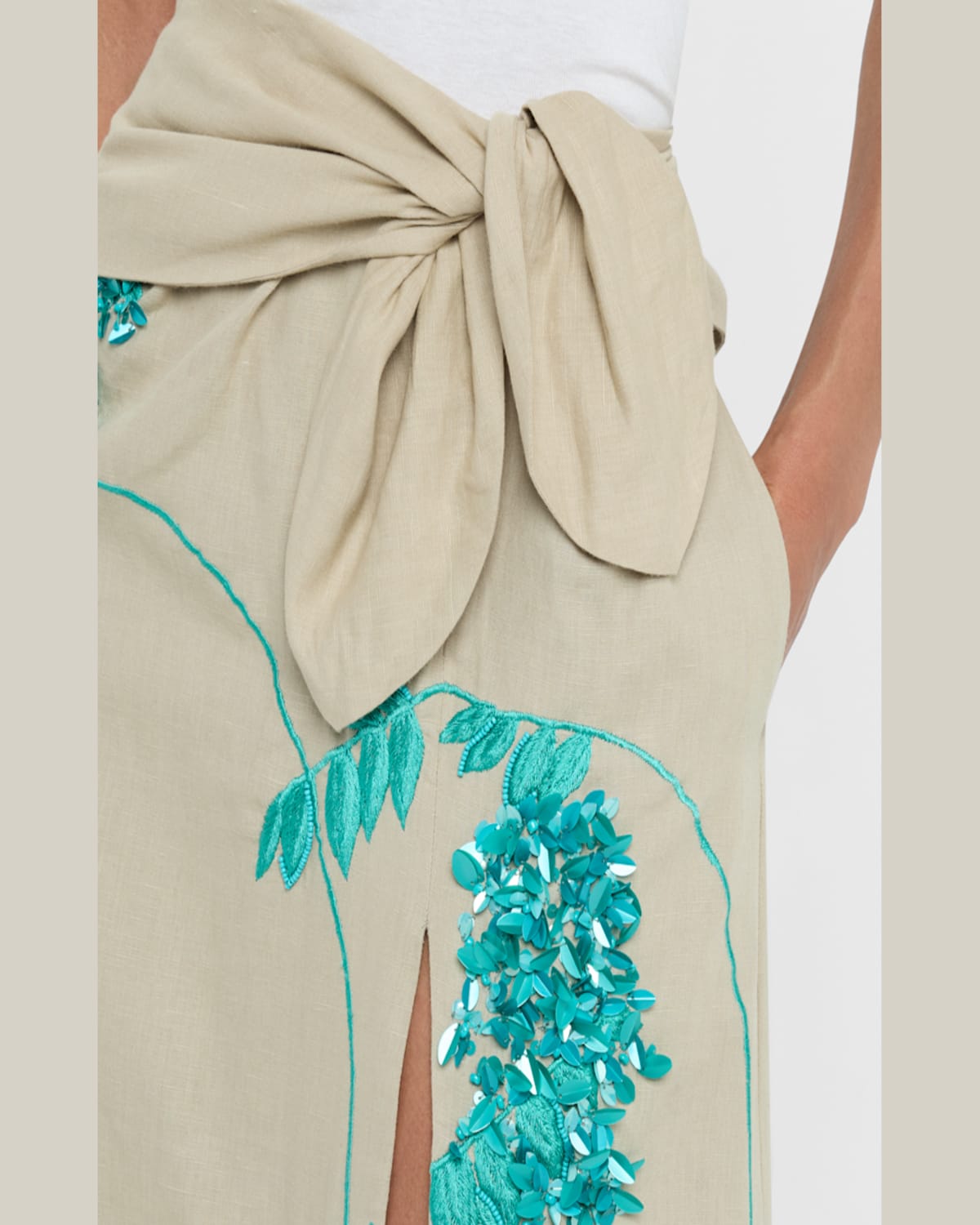 Bernadette Floral Sequin Embroidered Linen Slit Maxi Skirt