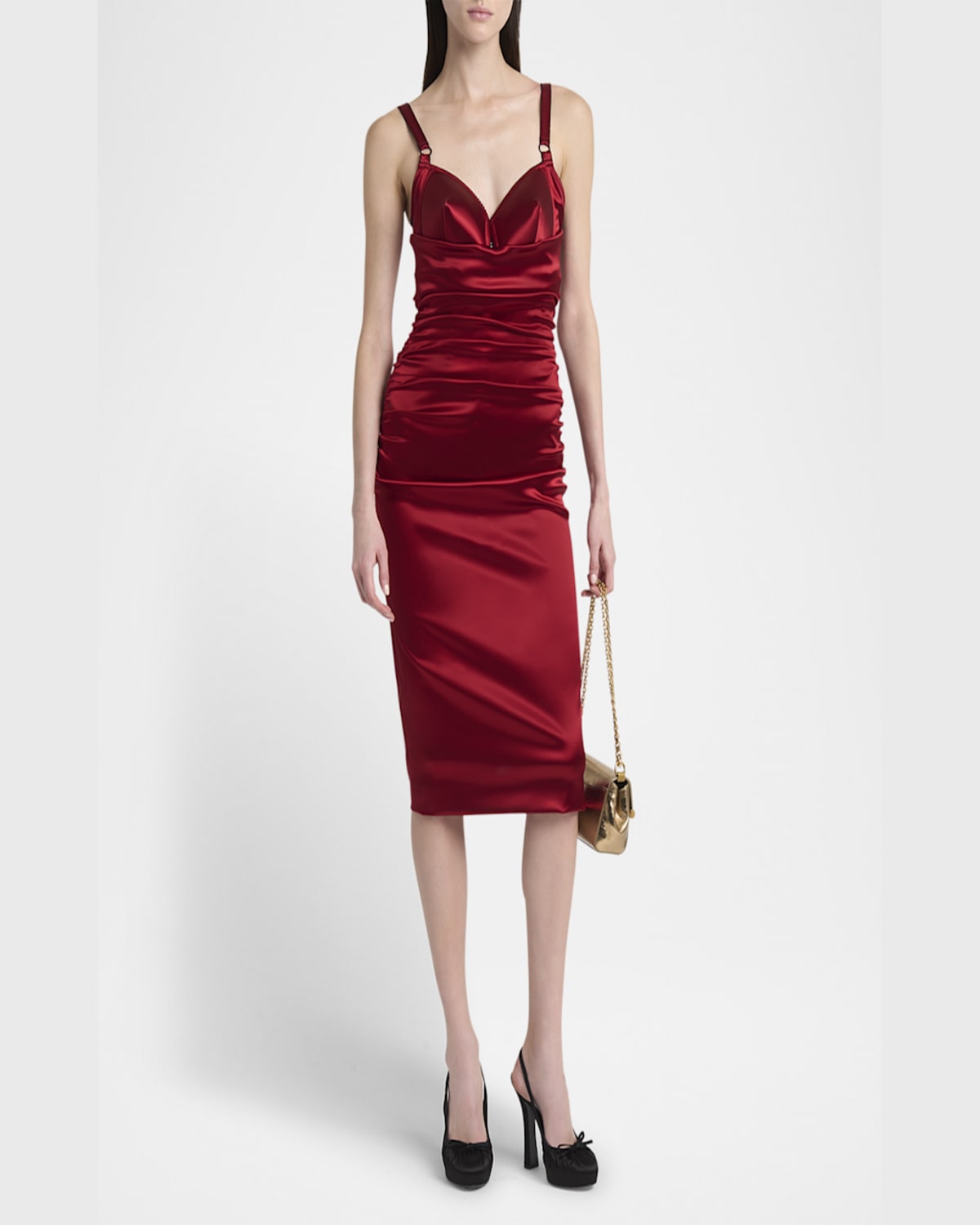 Dolce & Gabbana Draped Satin Calf-length Dress With Conical Cups In Medium Red