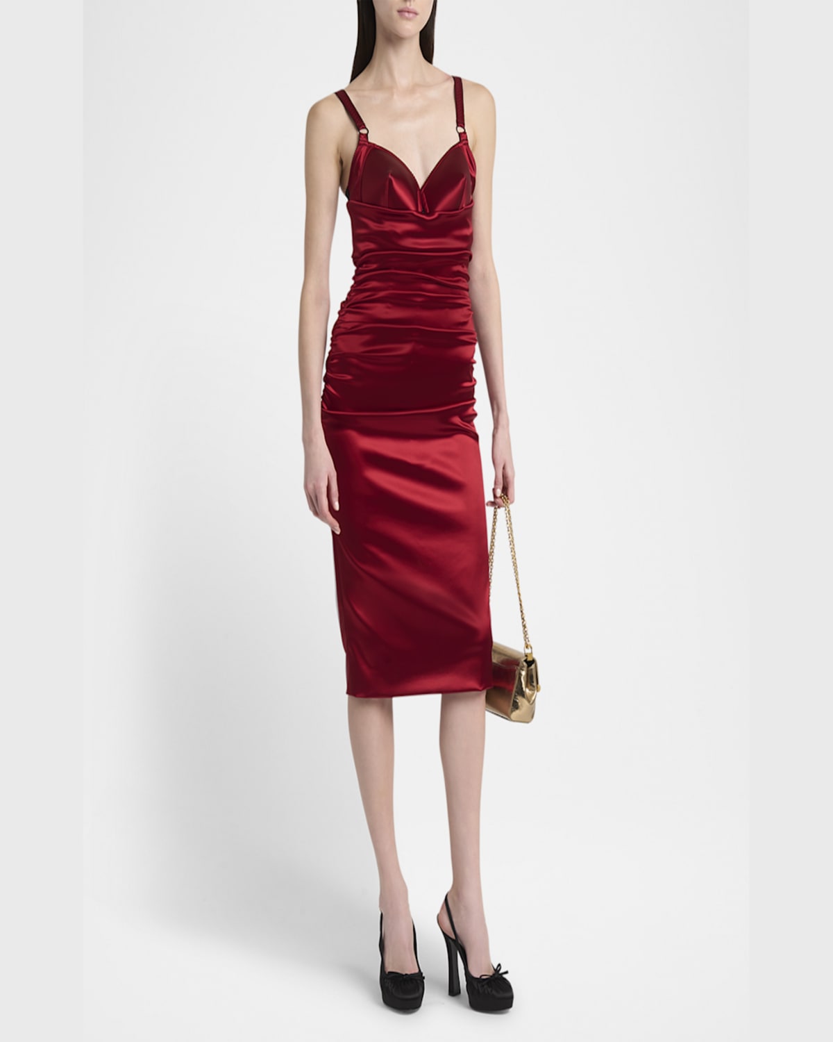 Dolce & Gabbana Draped Satin Calf-length Dress With Conical Cups In Medium Red