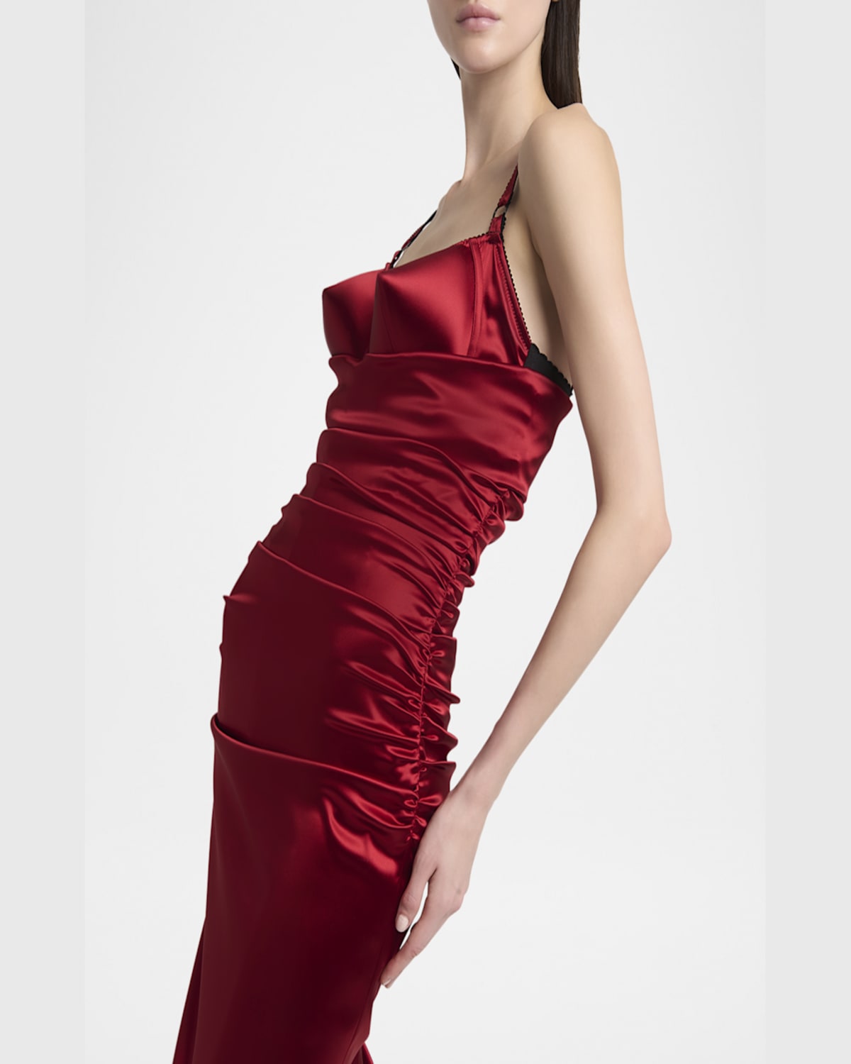 Dolce & Gabbana Draped Satin Calf-length Dress With Conical Cups In Medium Red
