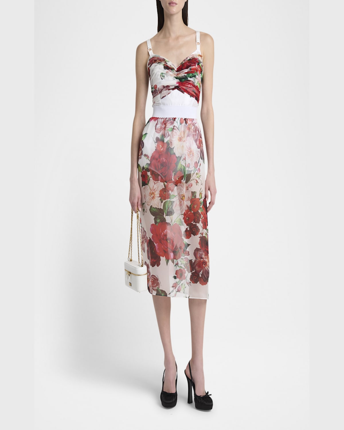 Shop Dolce & Gabbana Bouquet Rose Chiffon Ruched Crop Tank Top In Whtprtflow
