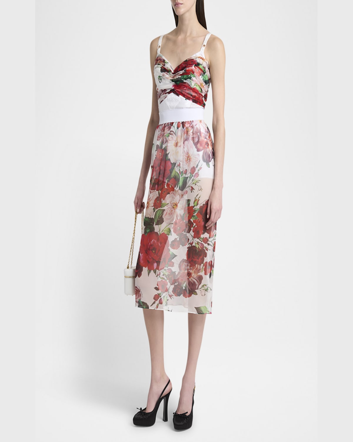 Shop Dolce & Gabbana Bouquet Rose Chiffon Ruched Crop Tank Top In Whtprtflow