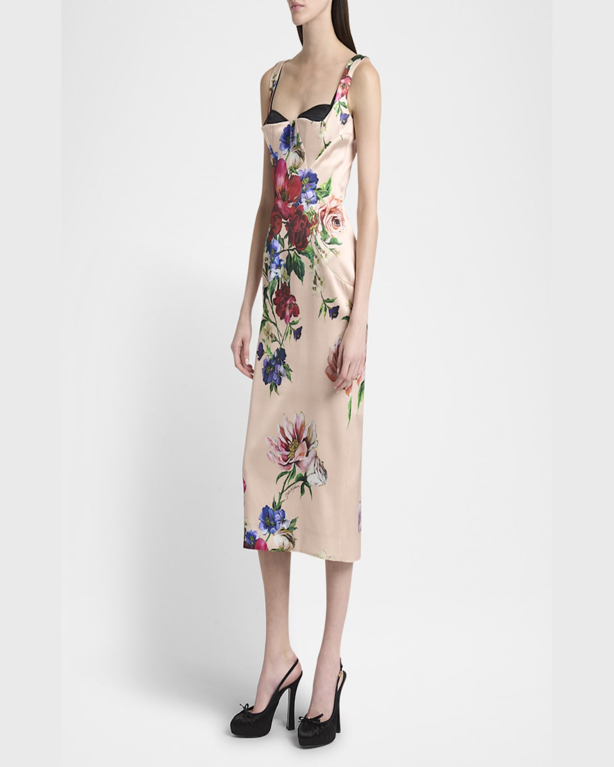 Dolce & Gabbana Satin Calf-length Sheath Dress With Floral Print