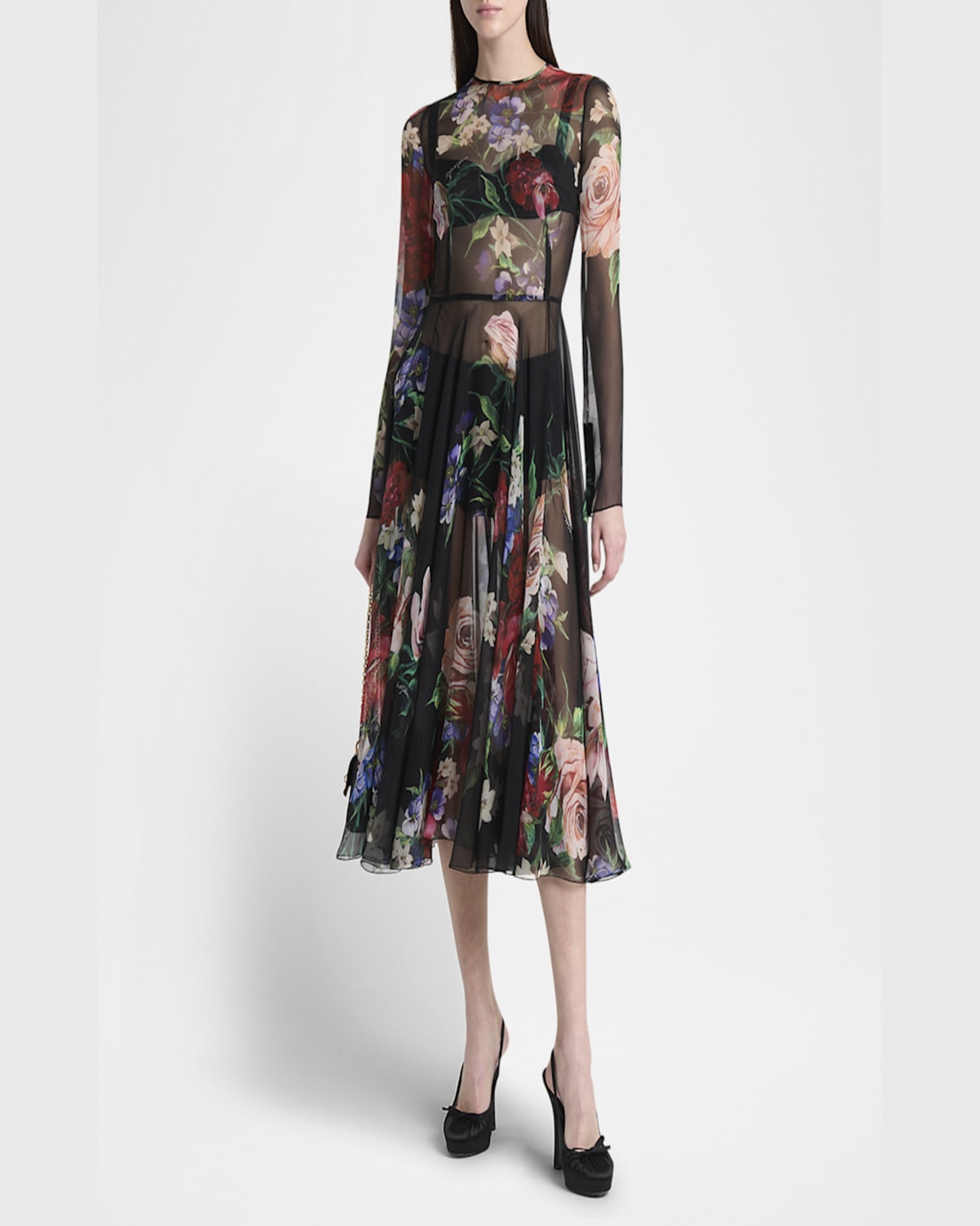 Dolce & Gabbana Bouquet Fantichi Sheer Chiffon Midi Dress In Blkprtflow