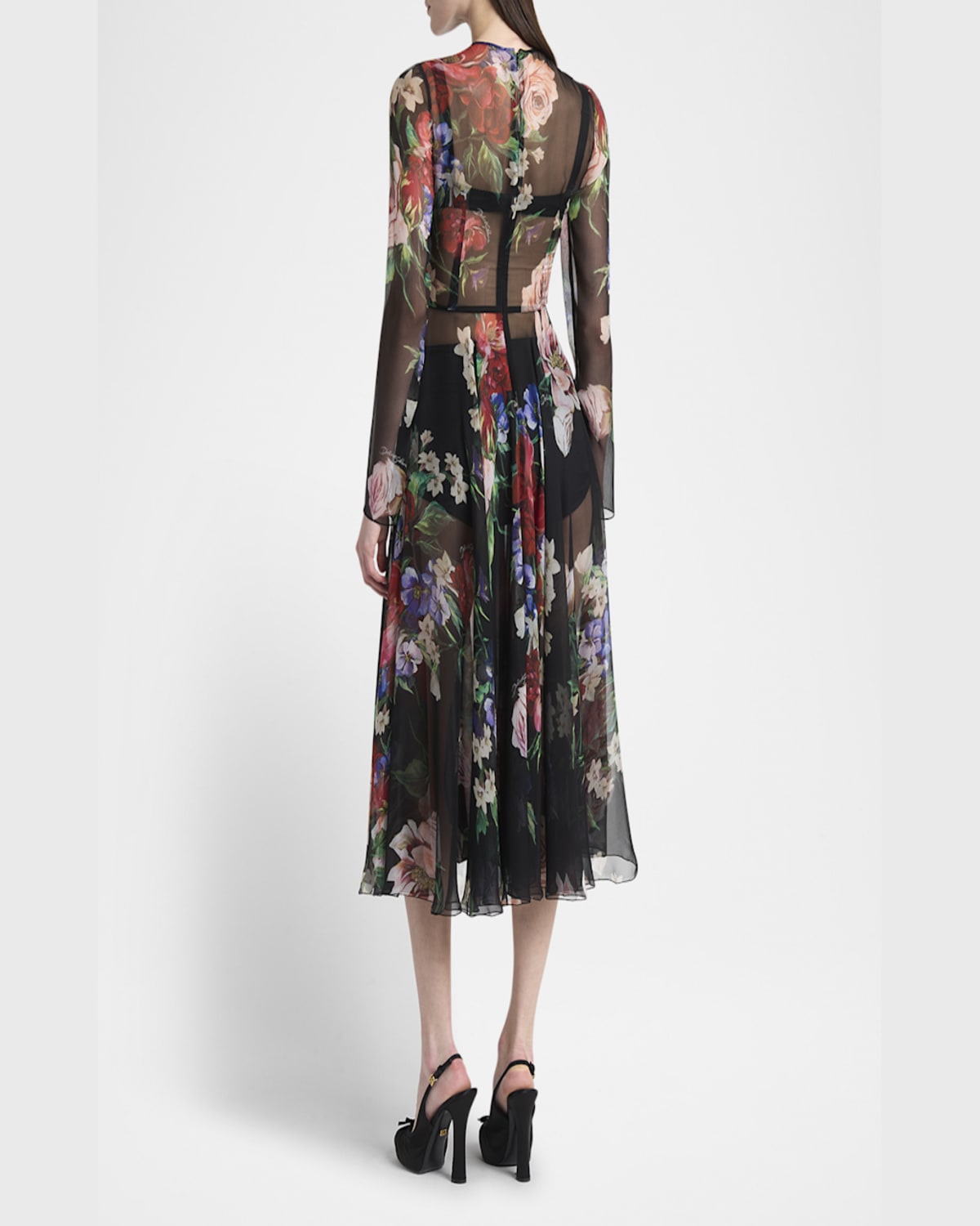 Dolce & Gabbana Bouquet Fantichi Sheer Chiffon Midi Dress In Blkprtflow