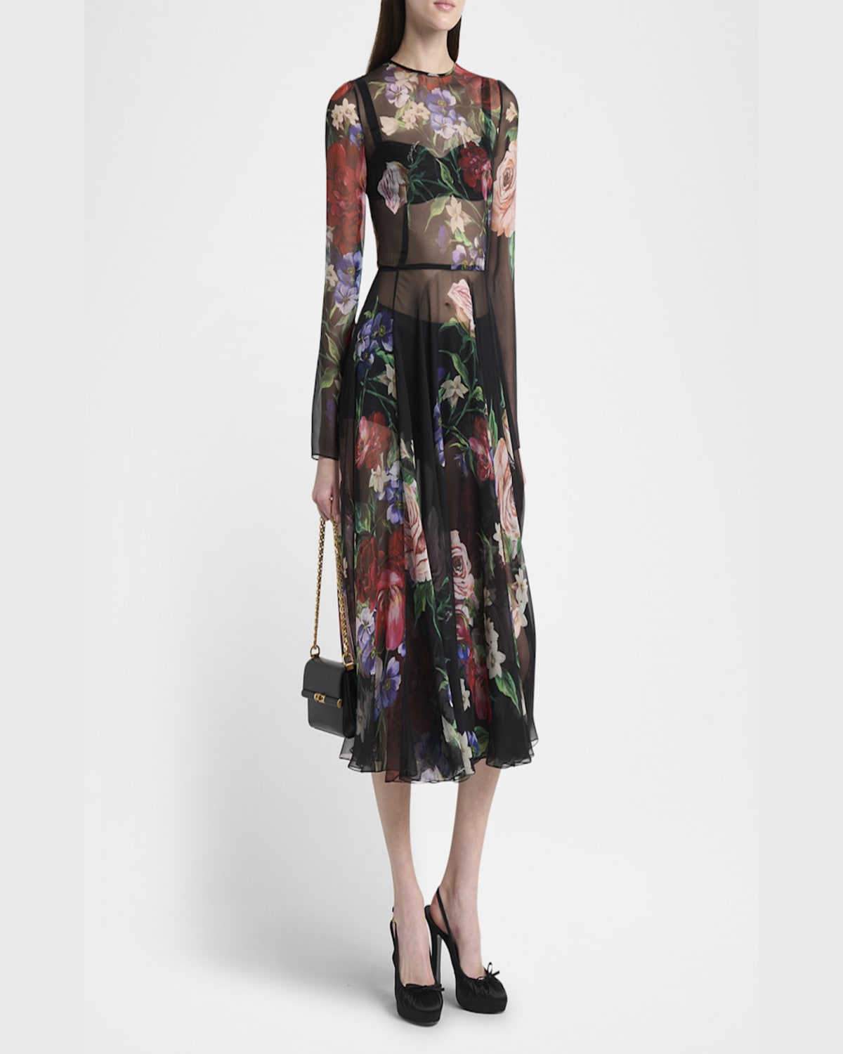 Dolce & Gabbana Bouquet Fantichi Sheer Chiffon Midi Dress In Blkprtflow