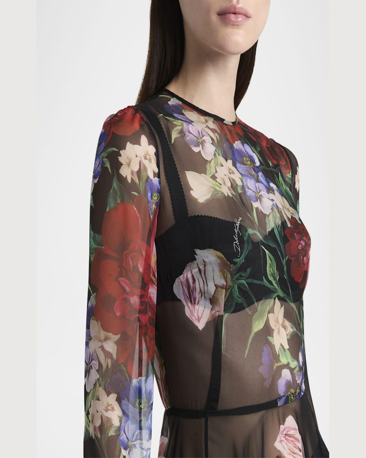 Dolce & Gabbana Bouquet Fantichi Sheer Chiffon Midi Dress In Blkprtflow
