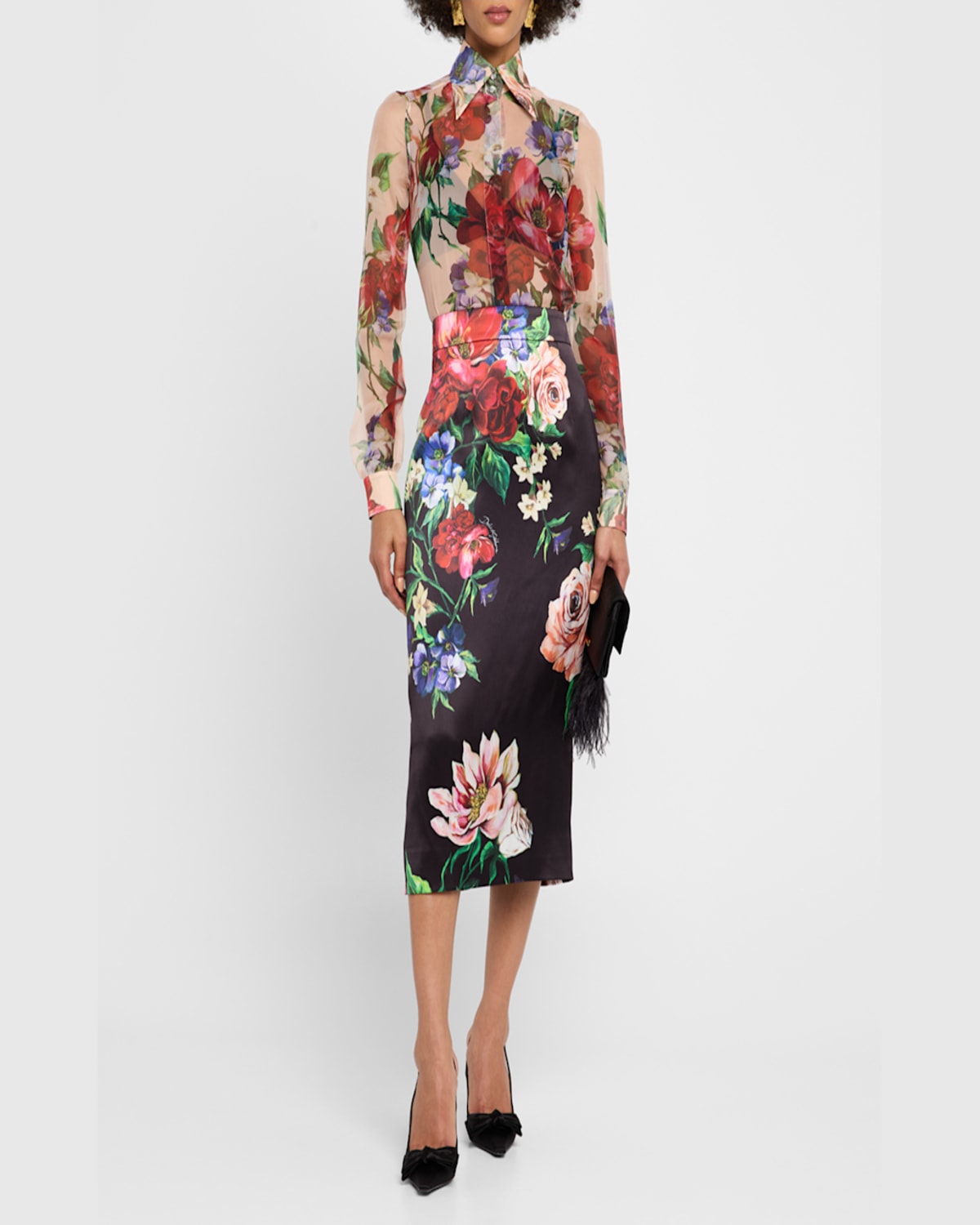 Dolce & Gabbana Bouquet Fantichi Sheer Chiffon Button-down Blouse In Beigprtflo