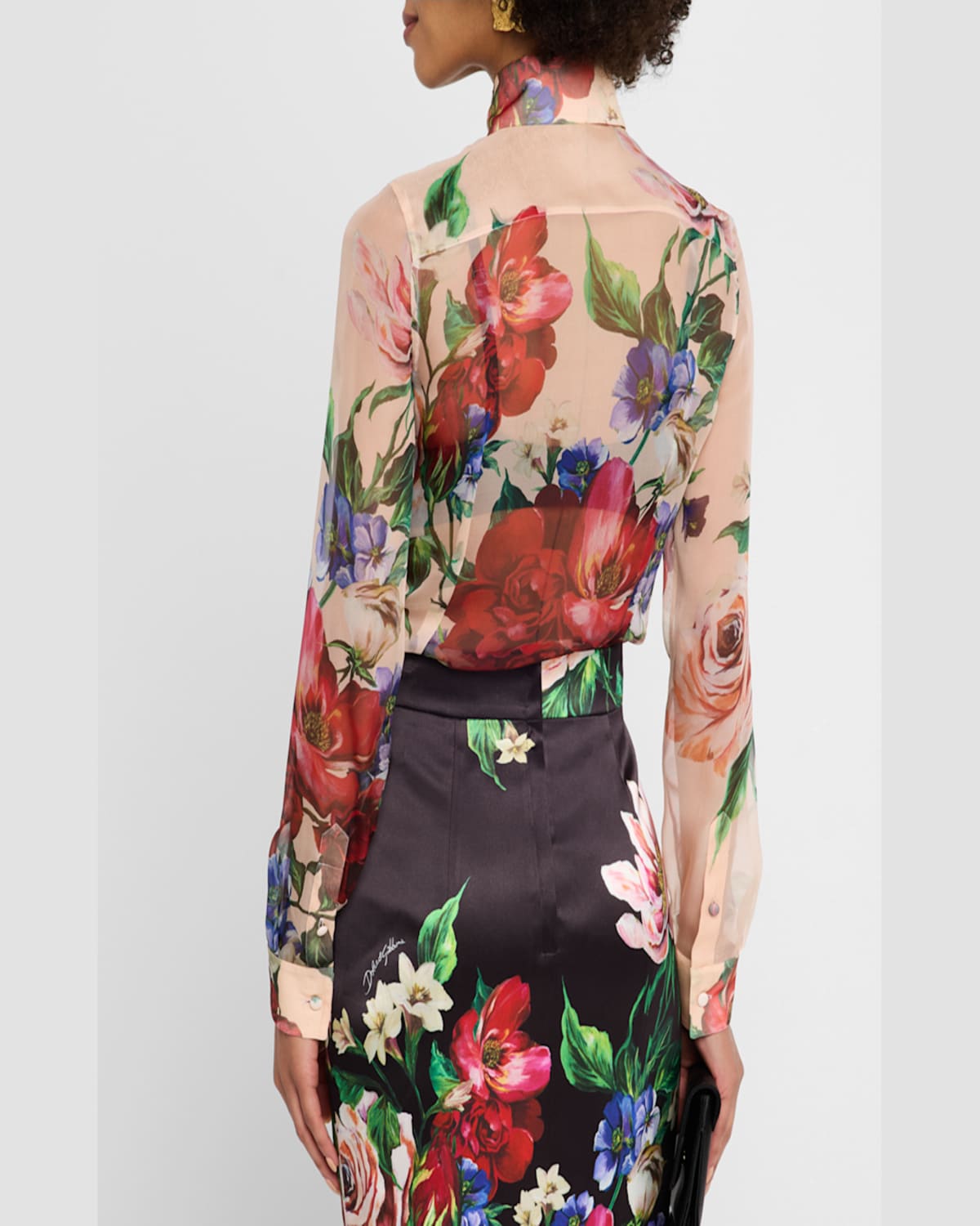 Dolce & Gabbana Bouquet Fantichi Sheer Chiffon Button-down Blouse In Beigprtflo