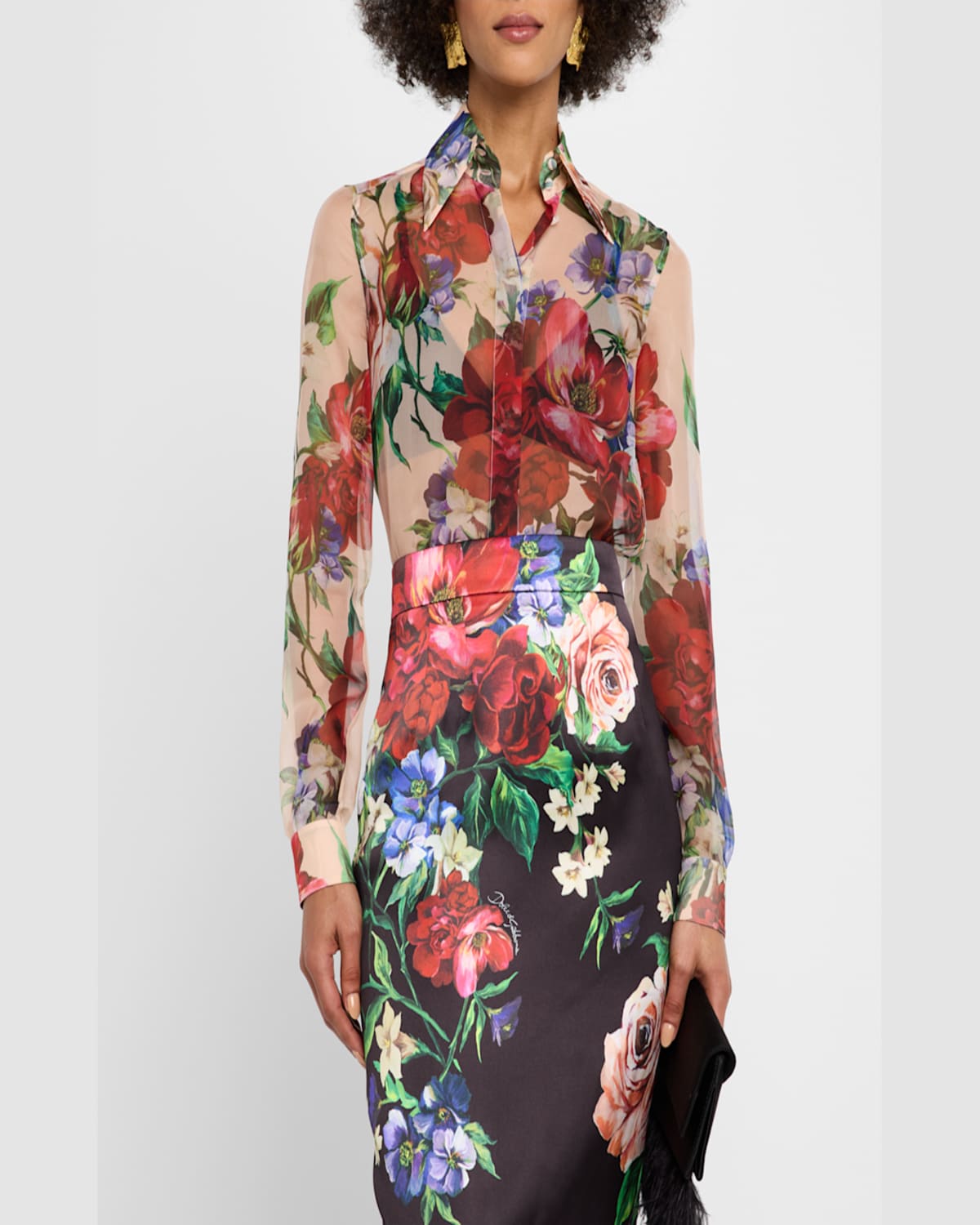 Dolce & Gabbana Bouquet Fantichi Sheer Chiffon Button-down Blouse In Beigprtflo