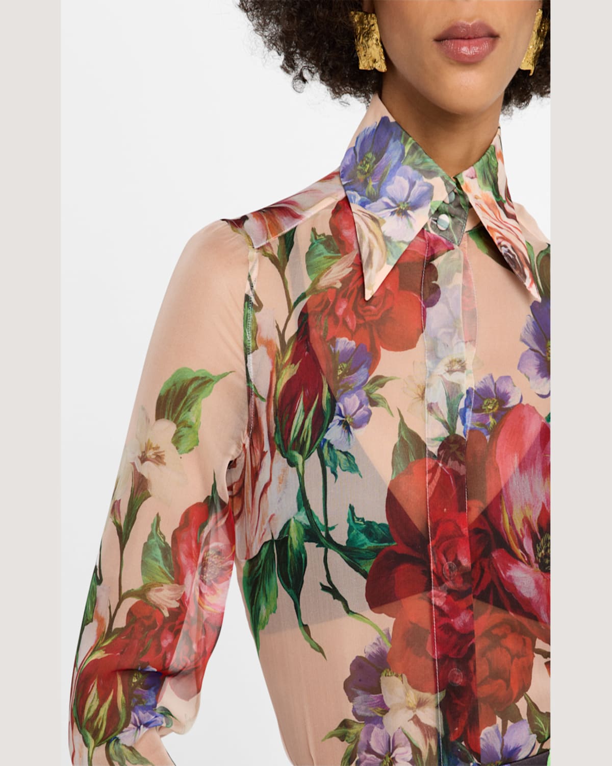 Dolce & Gabbana Bouquet Fantichi Sheer Chiffon Button-down Blouse In Beigprtflo
