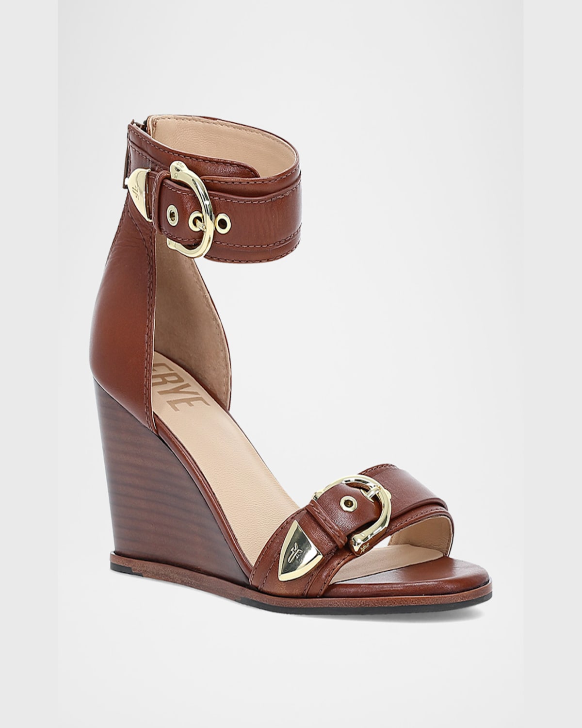 Frye Rachel Leather Buckle-cuff Wedge Sandals In Cinnamon