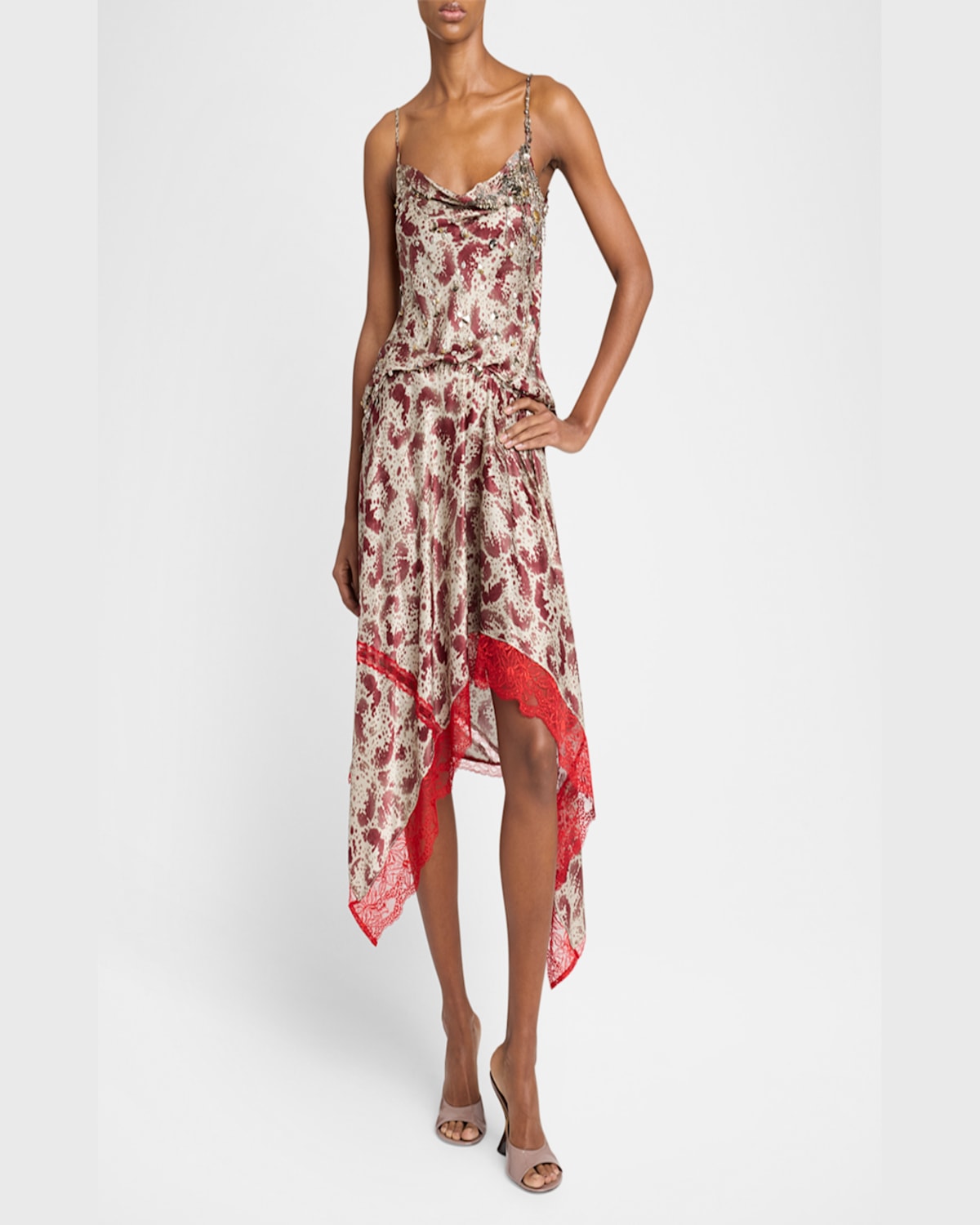 Dries Van Noten Chai Orchid Petal Print Embellished Silk Camisole In Burgundy