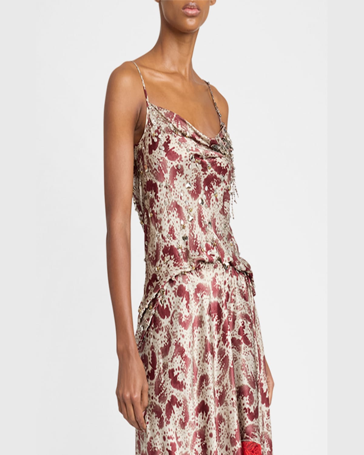Dries Van Noten Chai Orchid Petal Print Embellished Silk Camisole In Burgundy