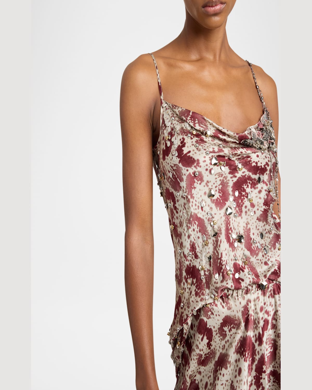Dries Van Noten Chai Orchid Petal Print Embellished Silk Camisole In Burgundy