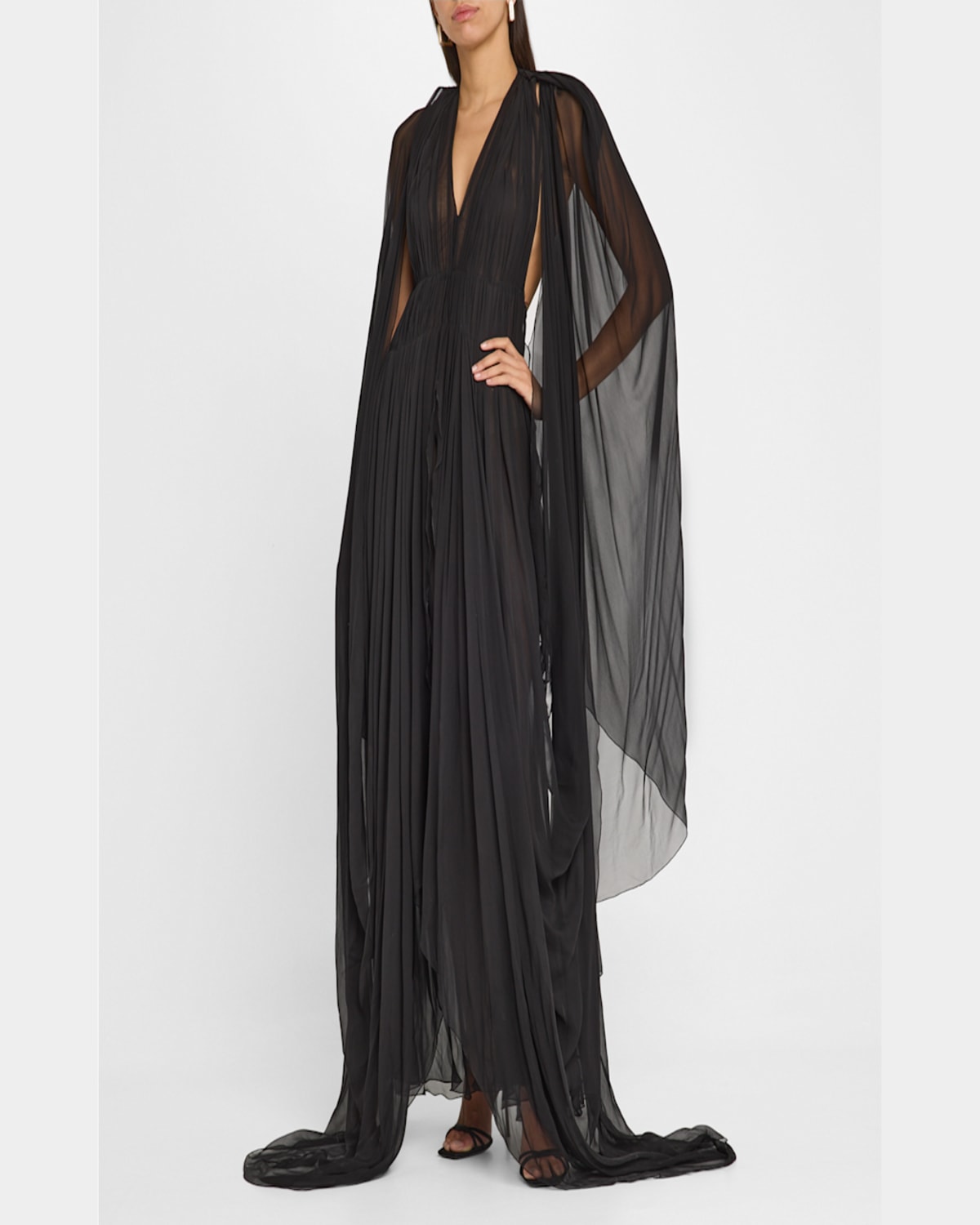 Alberta Ferretti Organic Chiffon Cape-sleeve Backless Gown In Black