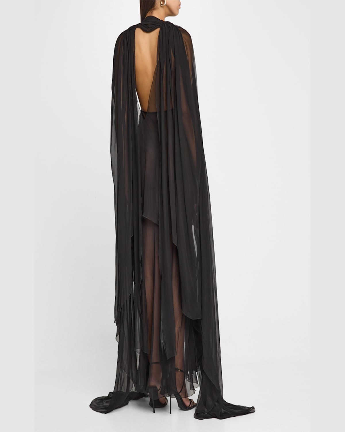 Alberta Ferretti Organic Chiffon Cape-sleeve Backless Gown In Black