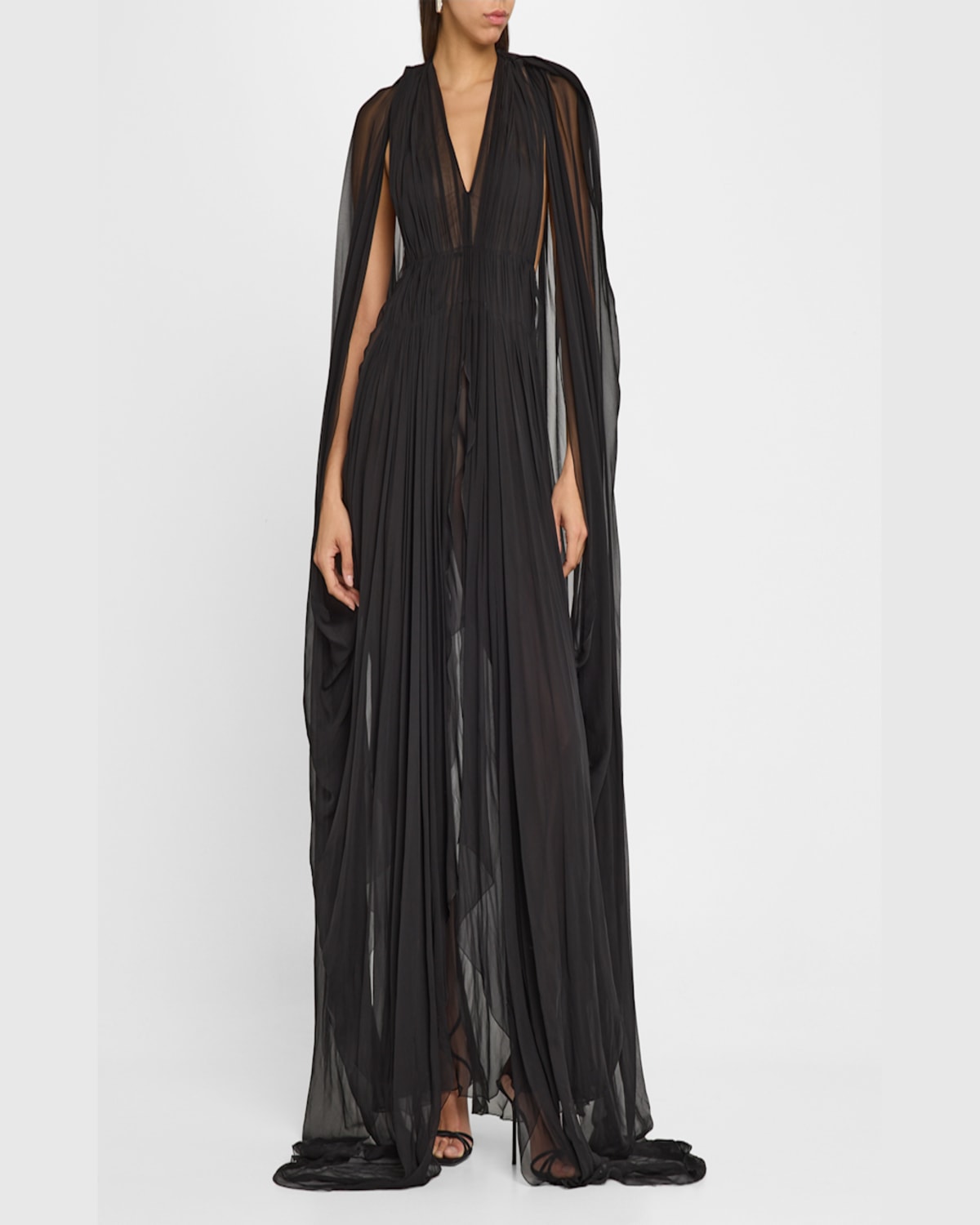 Alberta Ferretti Organic Chiffon Cape-sleeve Backless Gown In Black