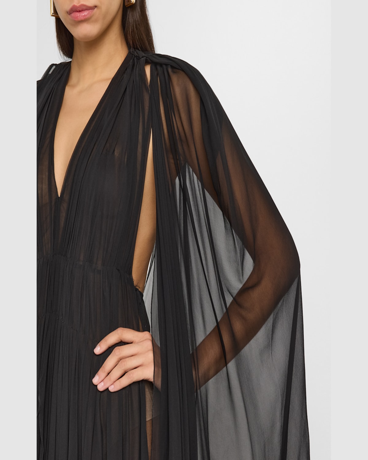 Alberta Ferretti Organic Chiffon Cape-sleeve Backless Gown In Black