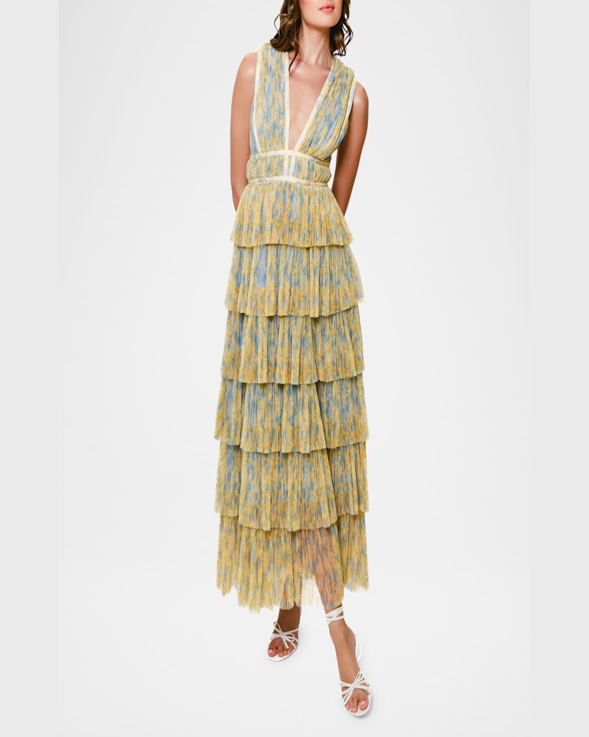 HUTCH AMORA DEEP V-NECK TIERED TULLE GOWN 